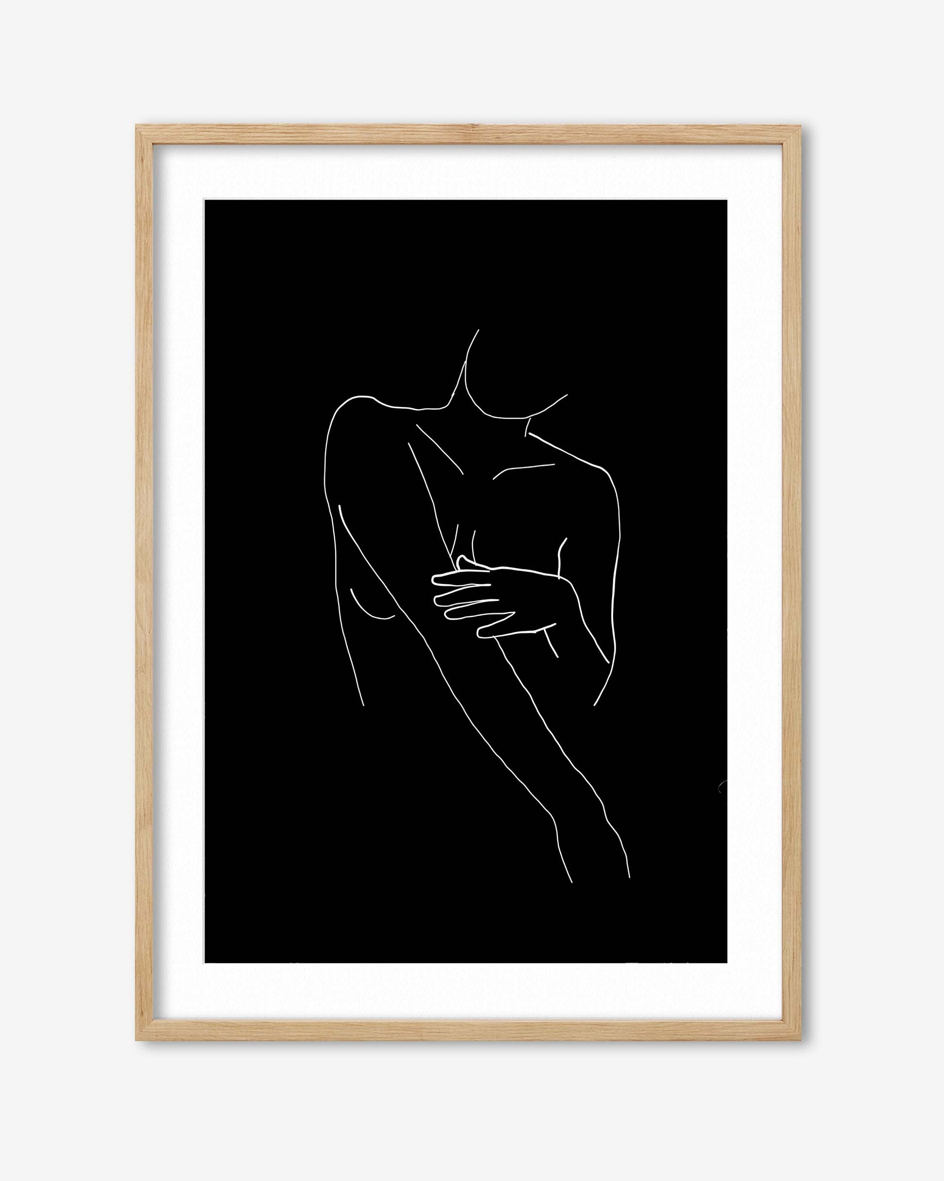 Framed artwork of a minimalistic line drawing of a person holding their head on a black background.