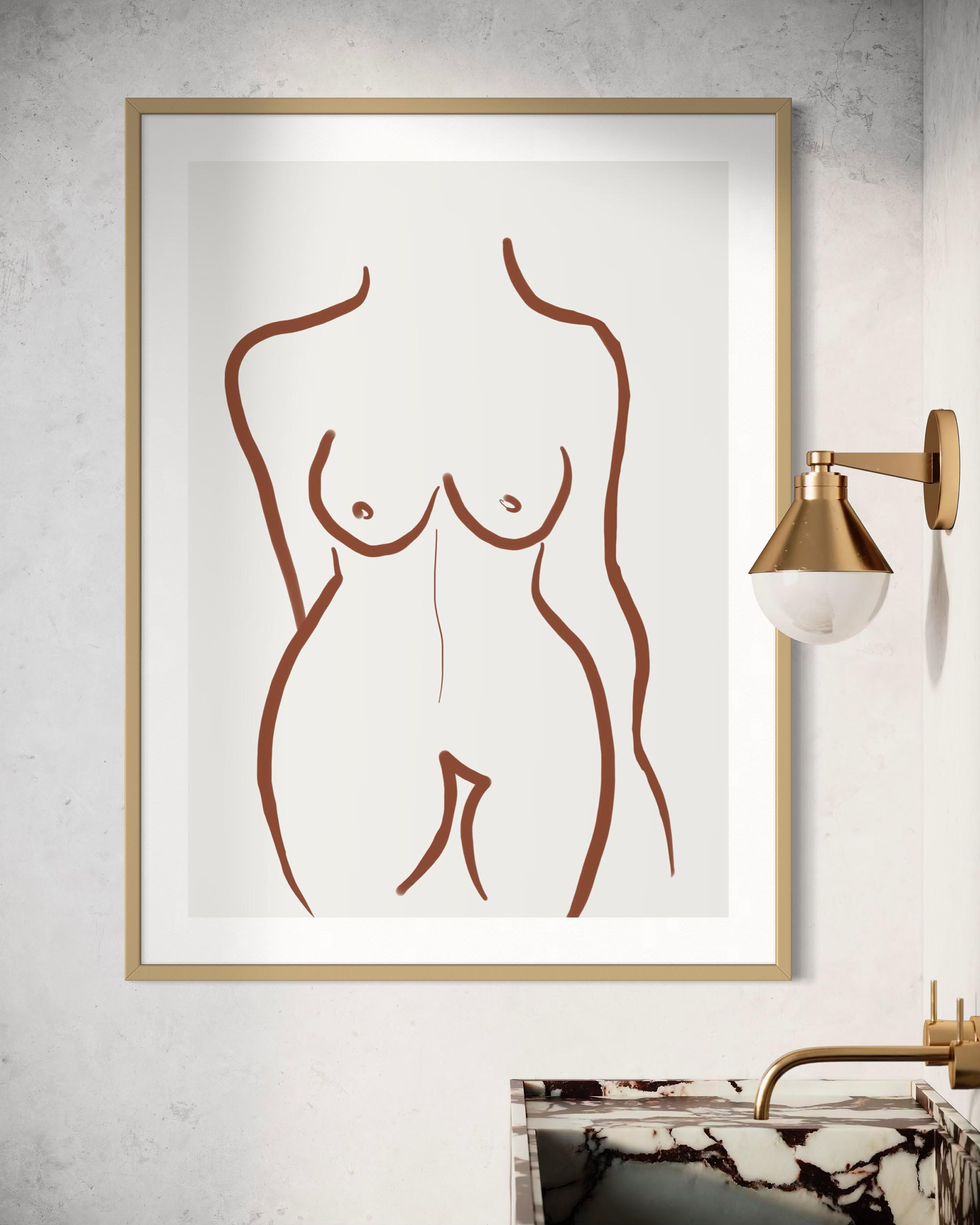 Framed abstract art of a nude figure on a wall with a light fixture.