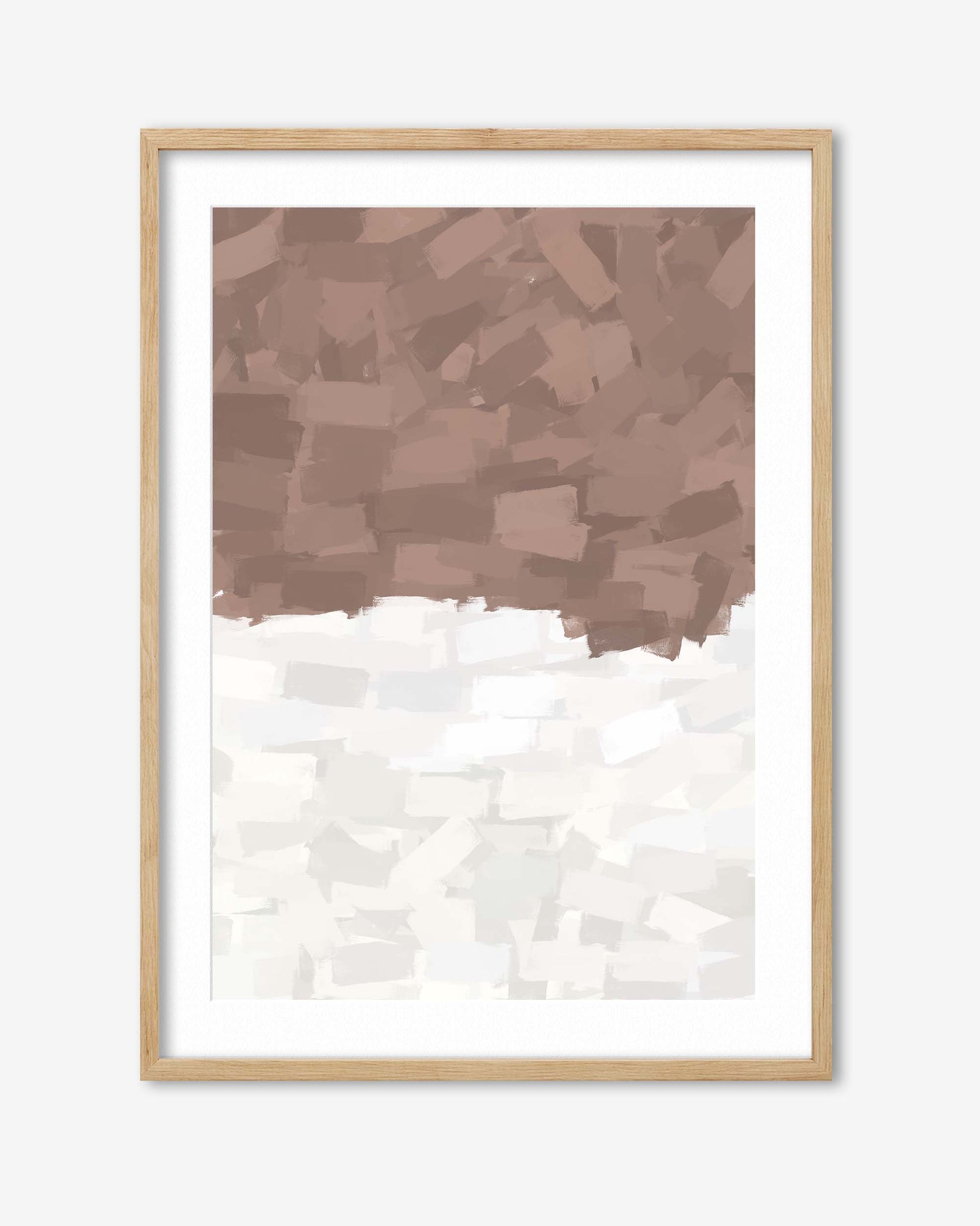 Framed abstract art print with brown and white pattern on a white background