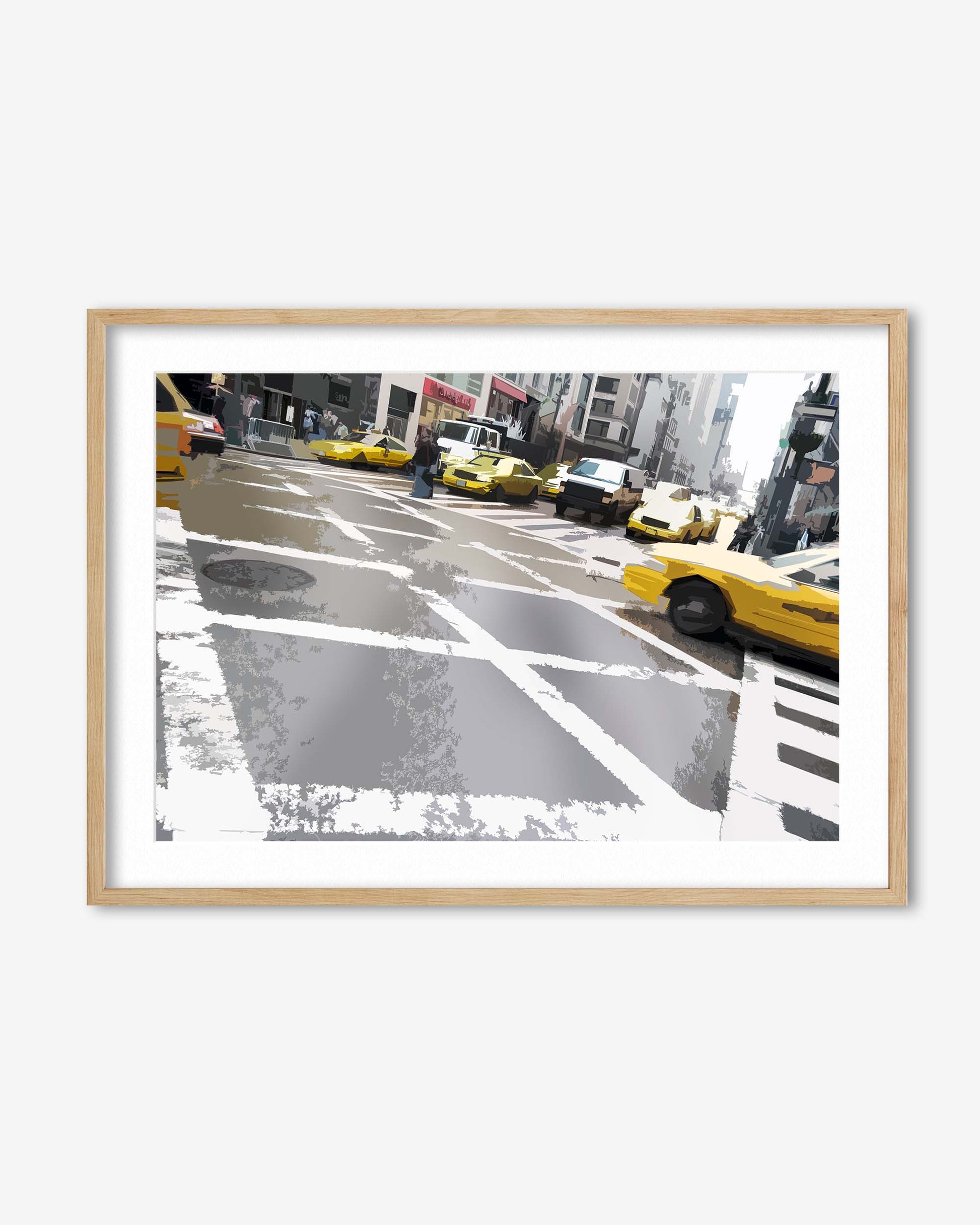 Framed photograph of a city street with yellow taxis in New York City.