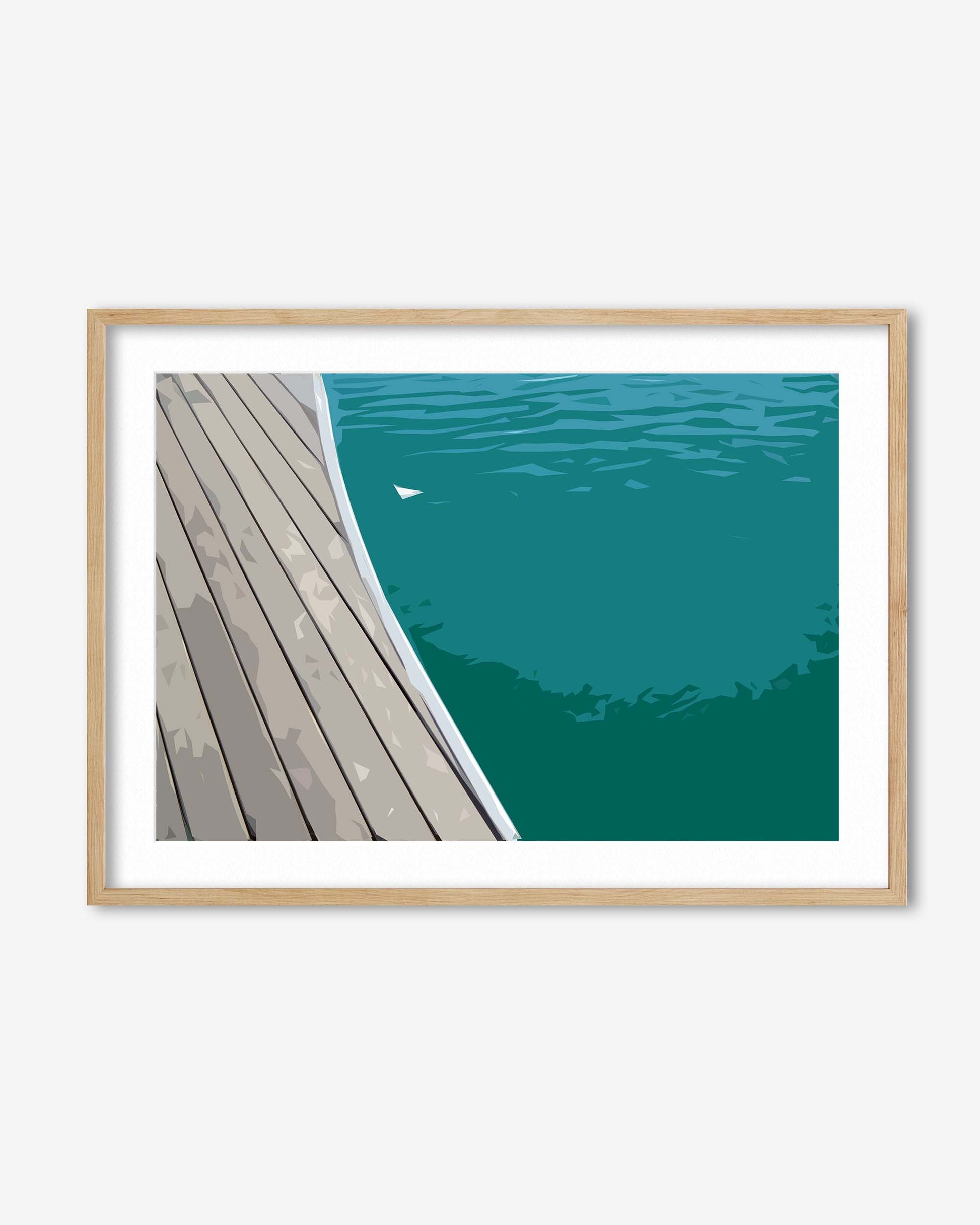 Framed artwork of a wooden dock extending into a body of water with a bird.