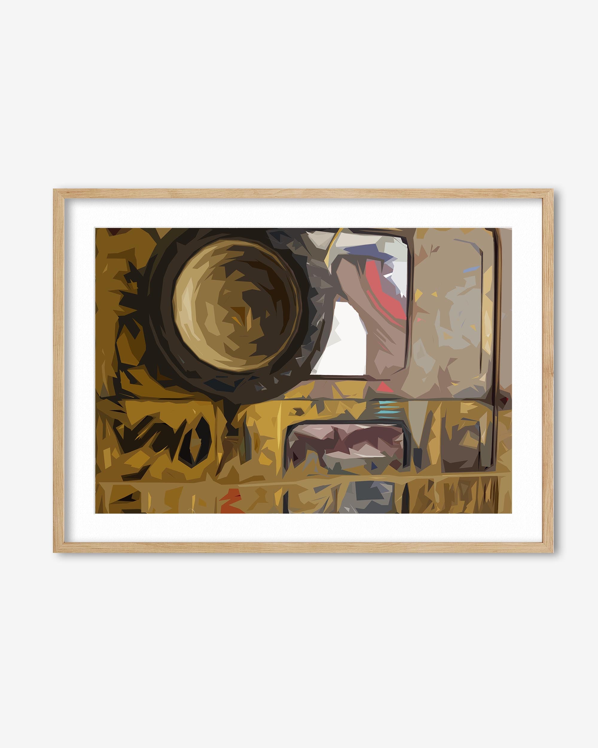 Framed abstract artwork with a wooden frame on a white background