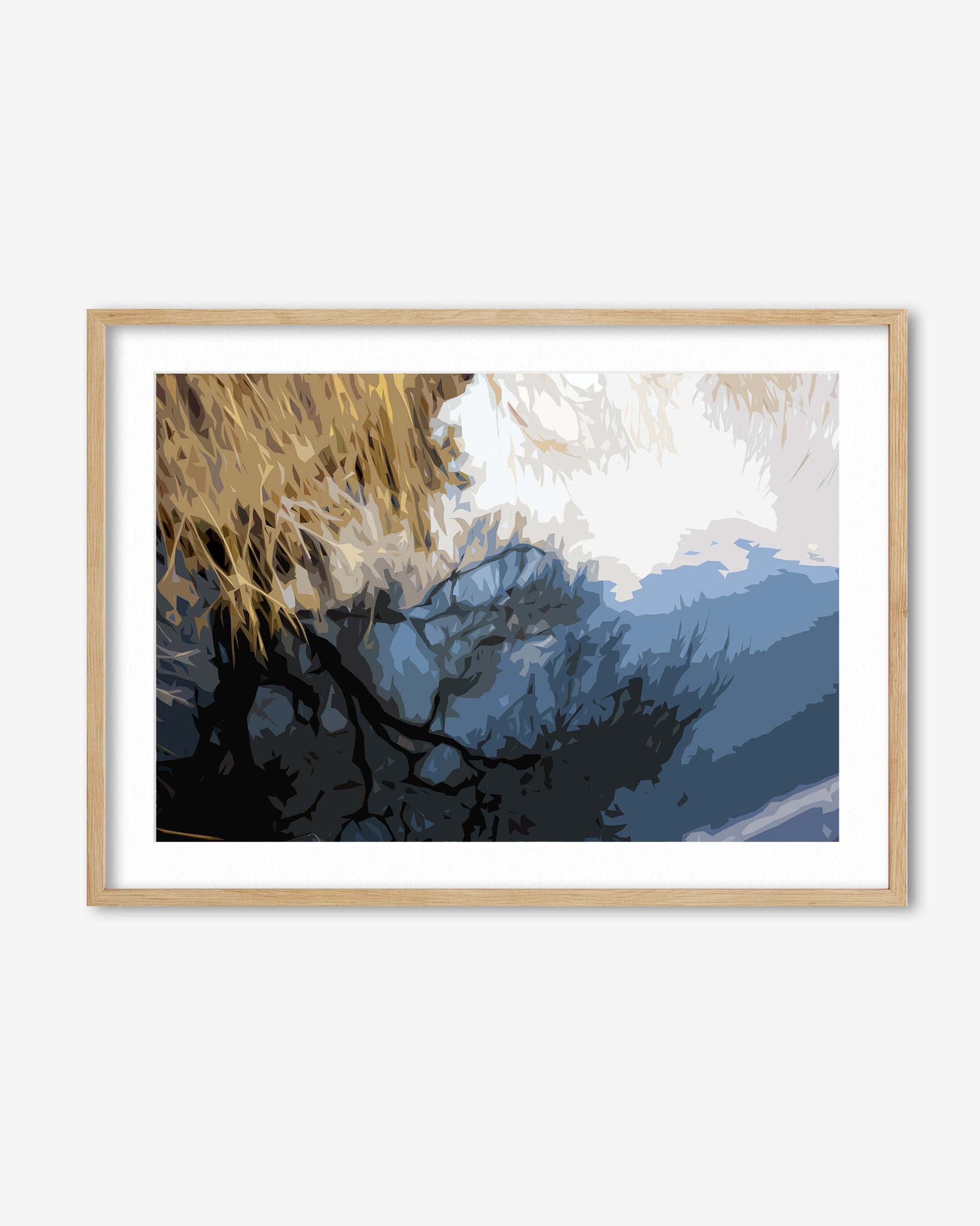 Framed abstract artwork with natural elements on a white background