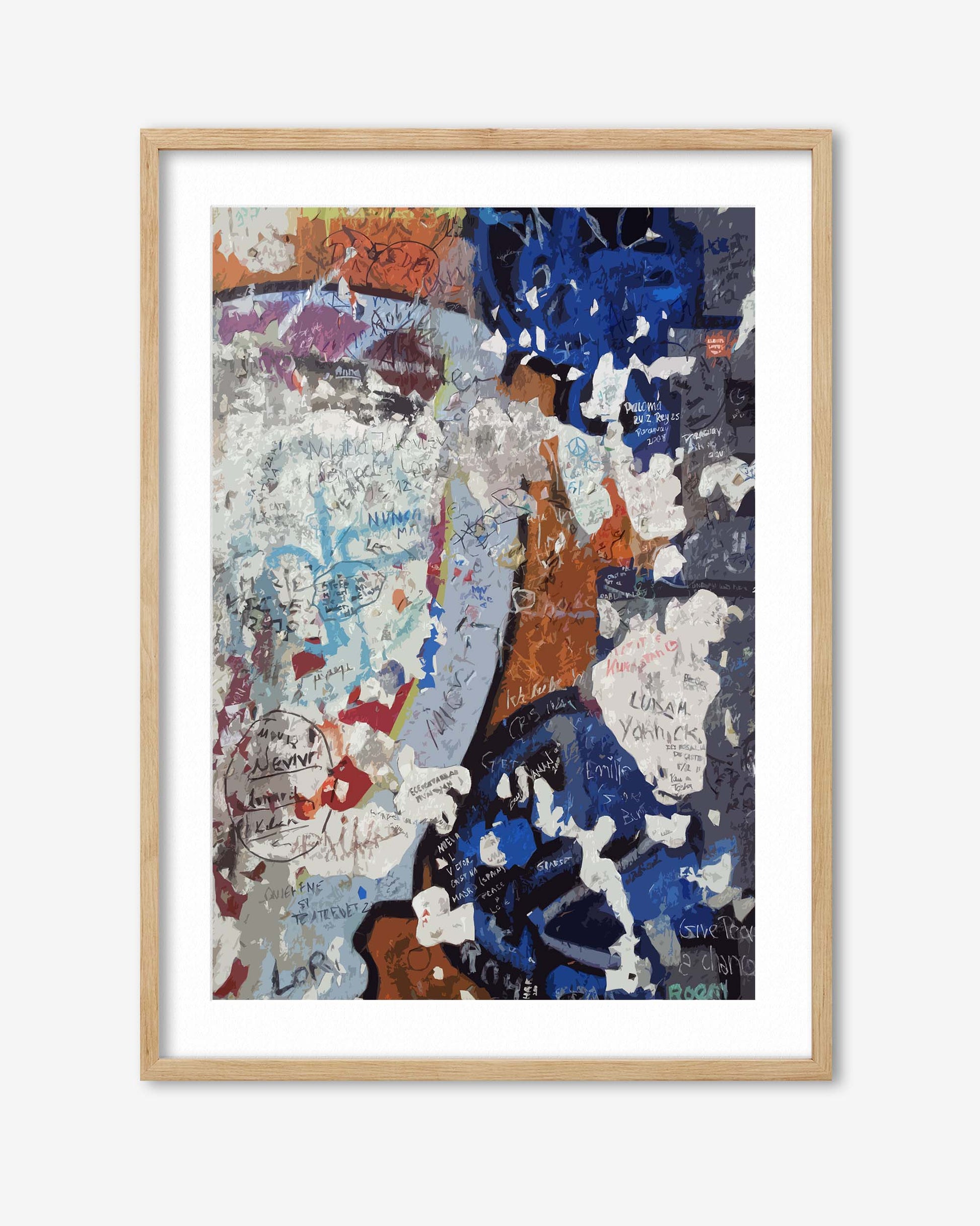 Framed abstract artwork with multicolors on a white background