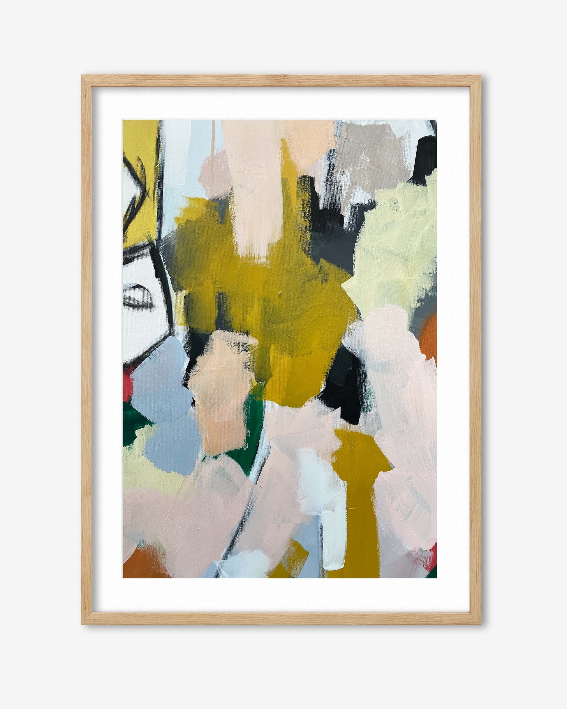 Abstract art print with colorful brush strokes in a wooden frame on a white background