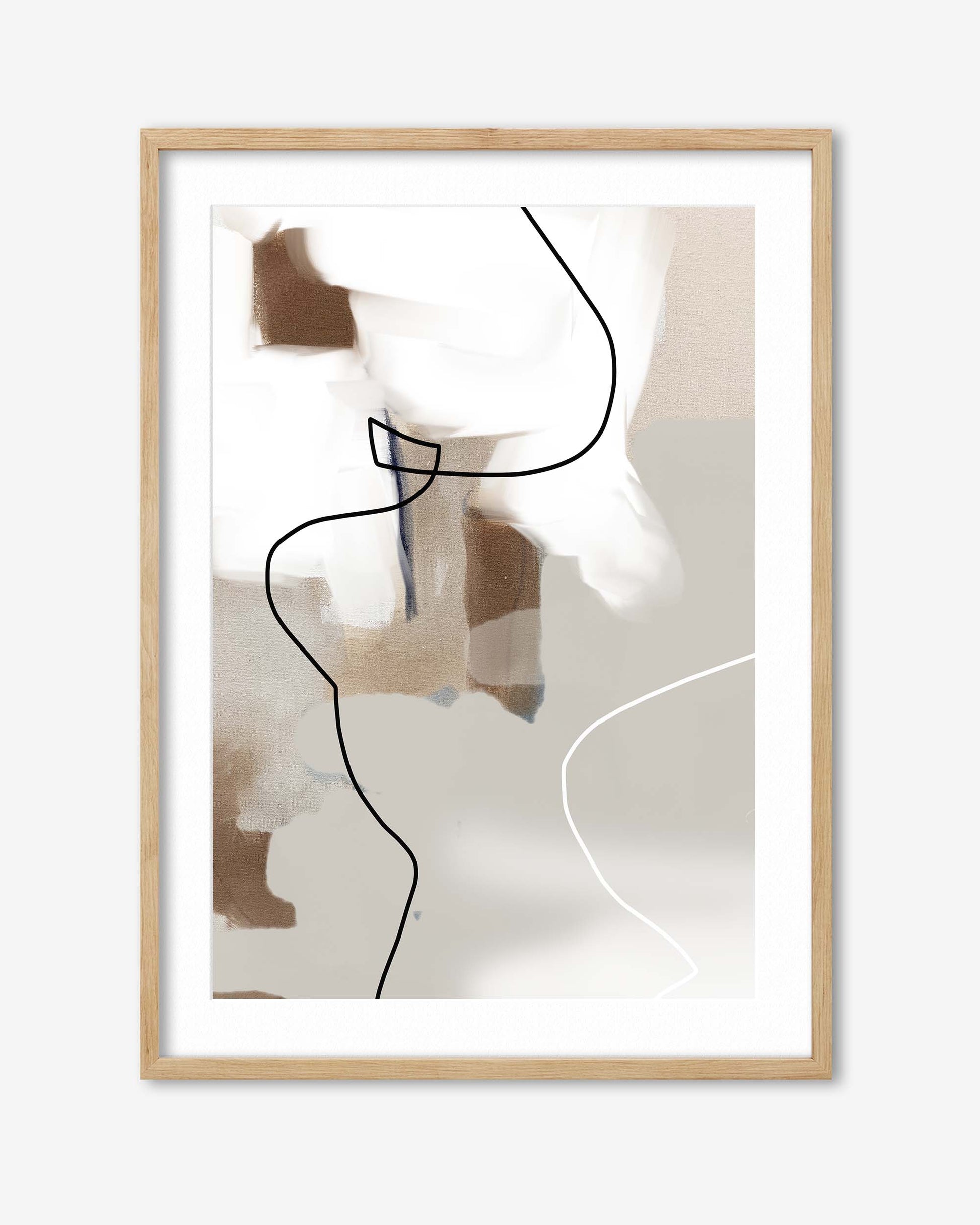 Abstract art print with a minimalistic line drawing of a person in a wooden frame on a white background