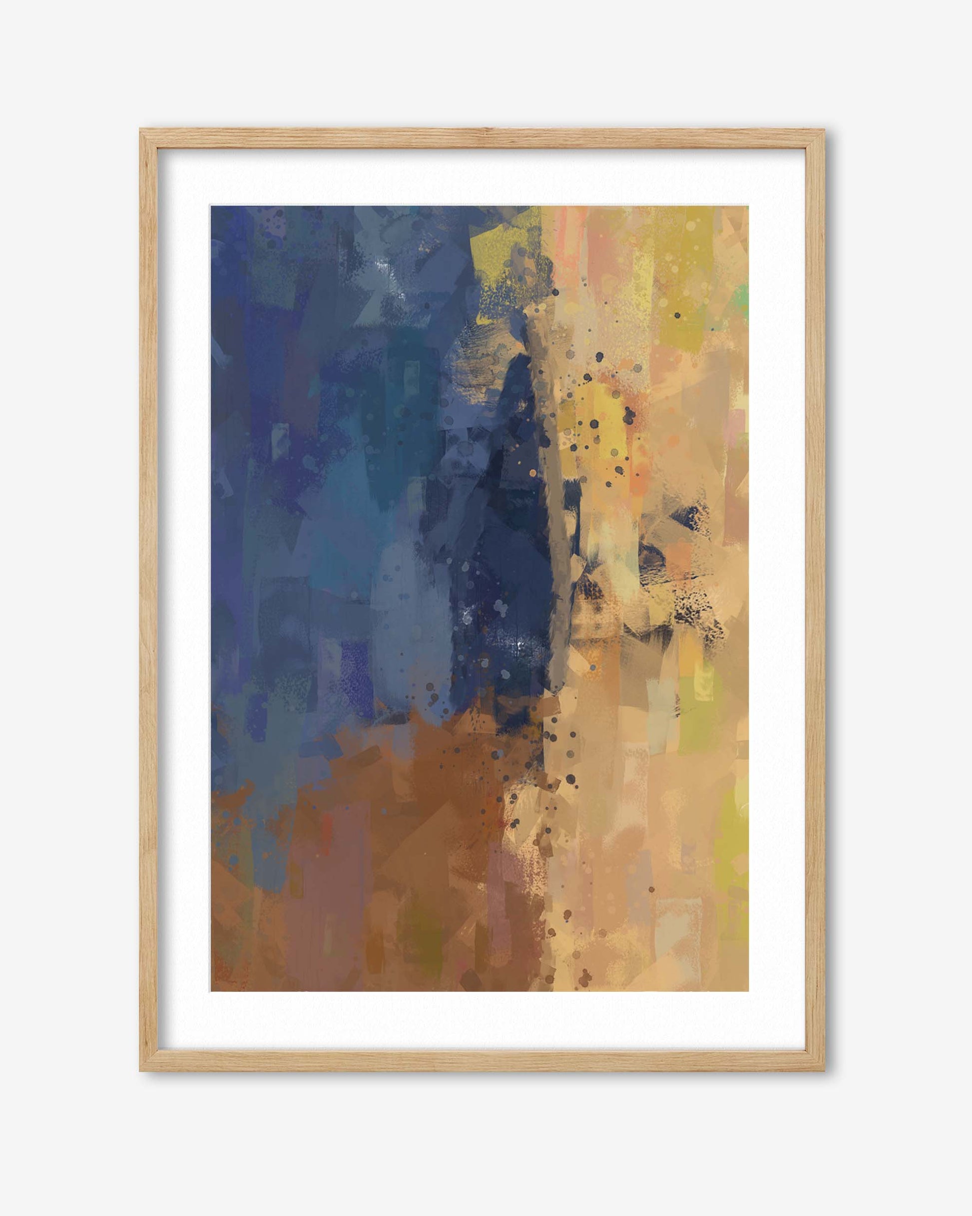 Framed abstract art with a mix of blue, yellow, and brown colors on a white background