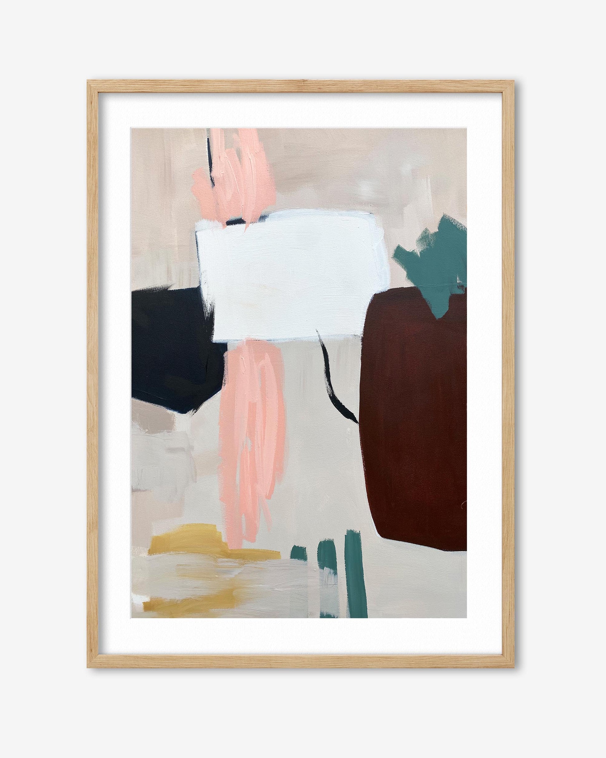 Abstract art print with colorful shapes in a wooden frame on a white background