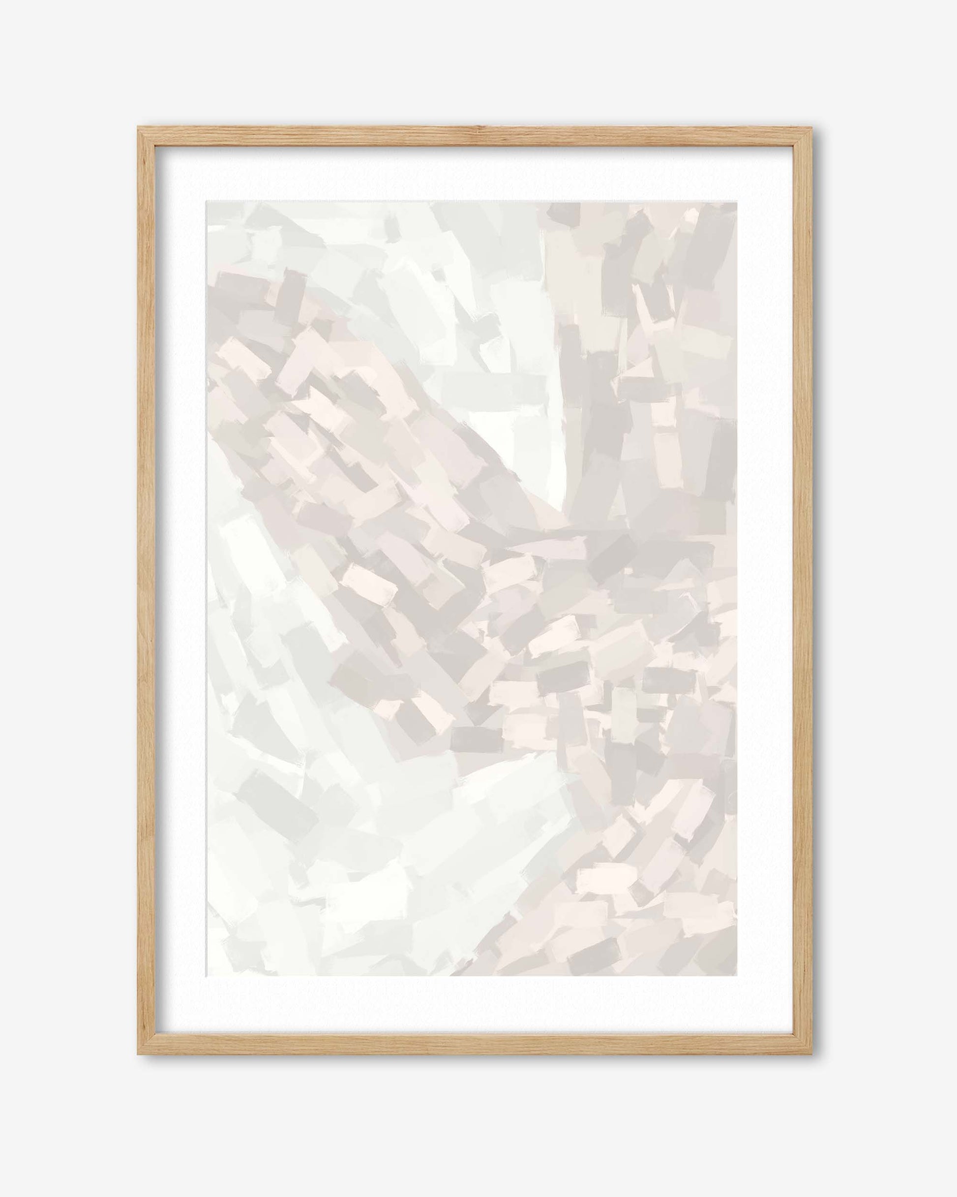 Framed abstract art print with a light, neutral color palette on a white background