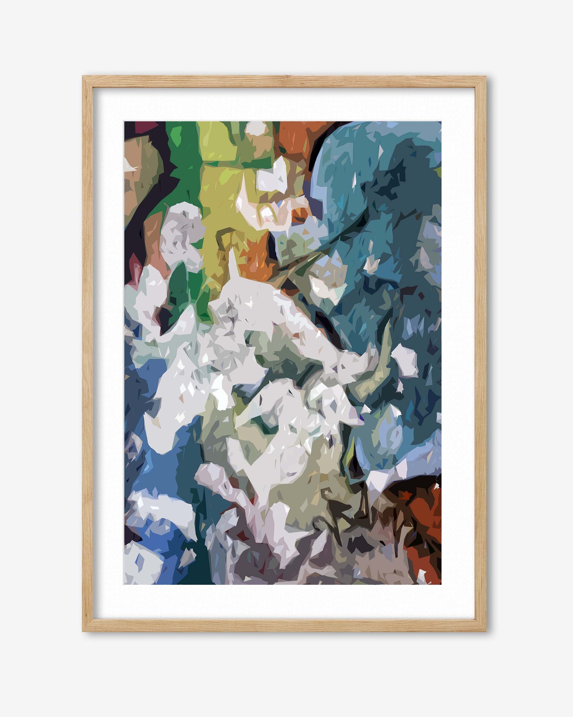 Abstract art print with a wooden frame on a white background