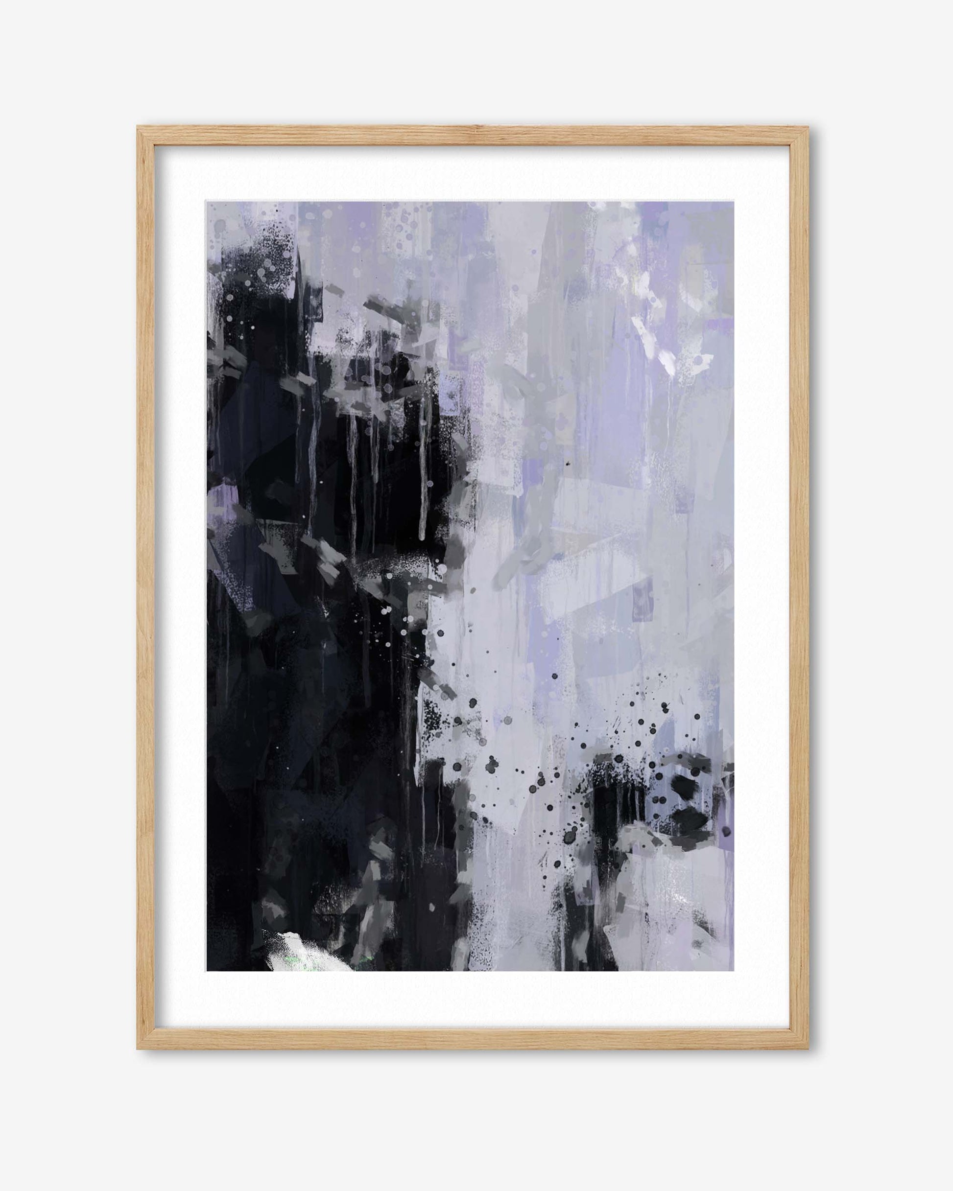 Abstract art print in a wooden frame on a white background