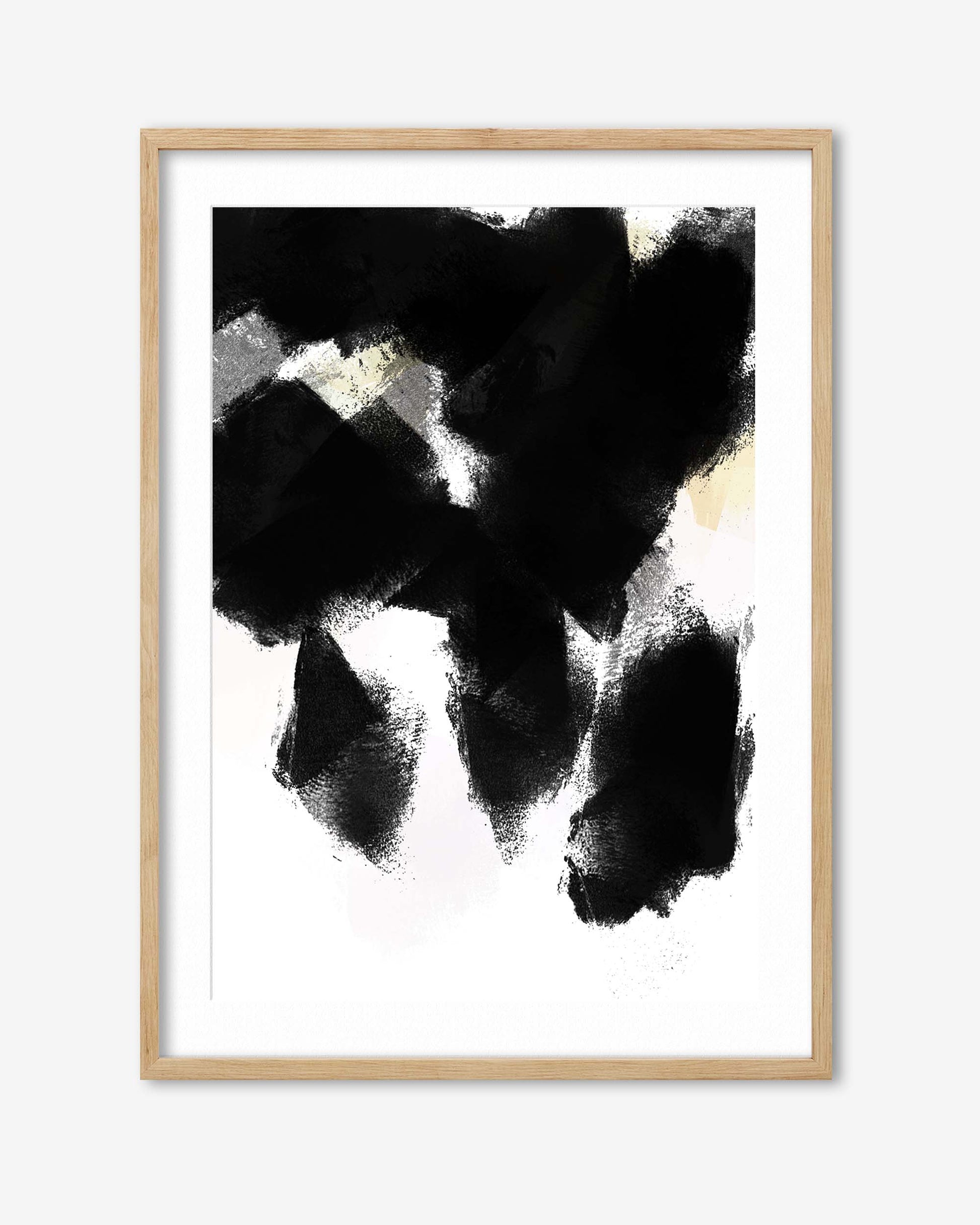 Framed abstract art print with black and white brush strokes on a light wood frame.