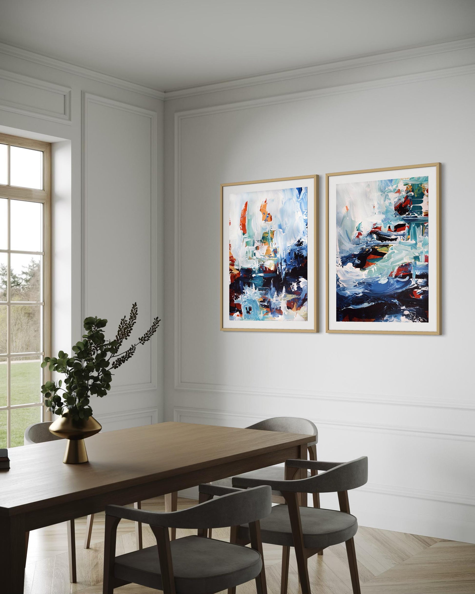 Dining room with abstract art on the wall