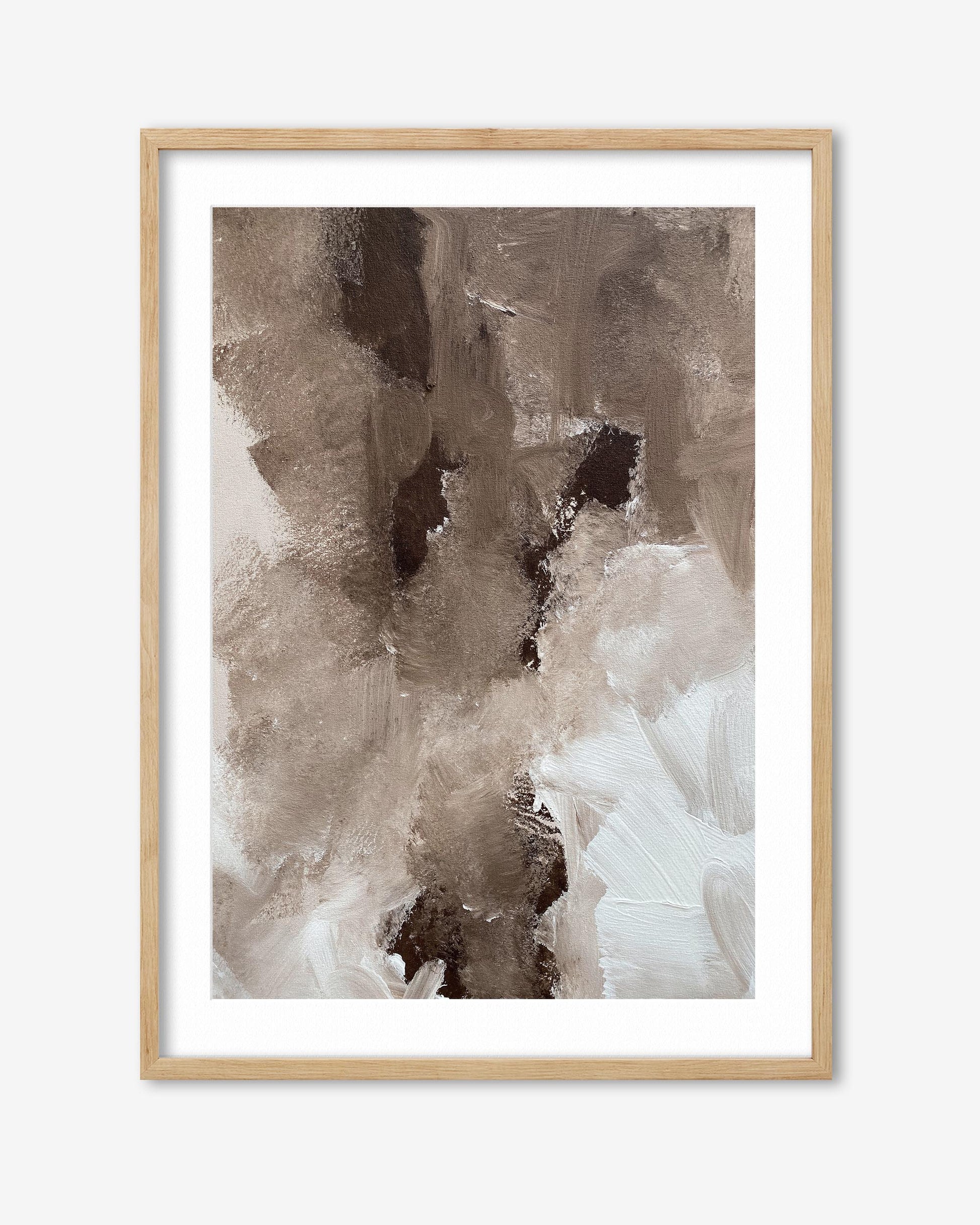 Framed abstract art print with brown and beige tones on a white background