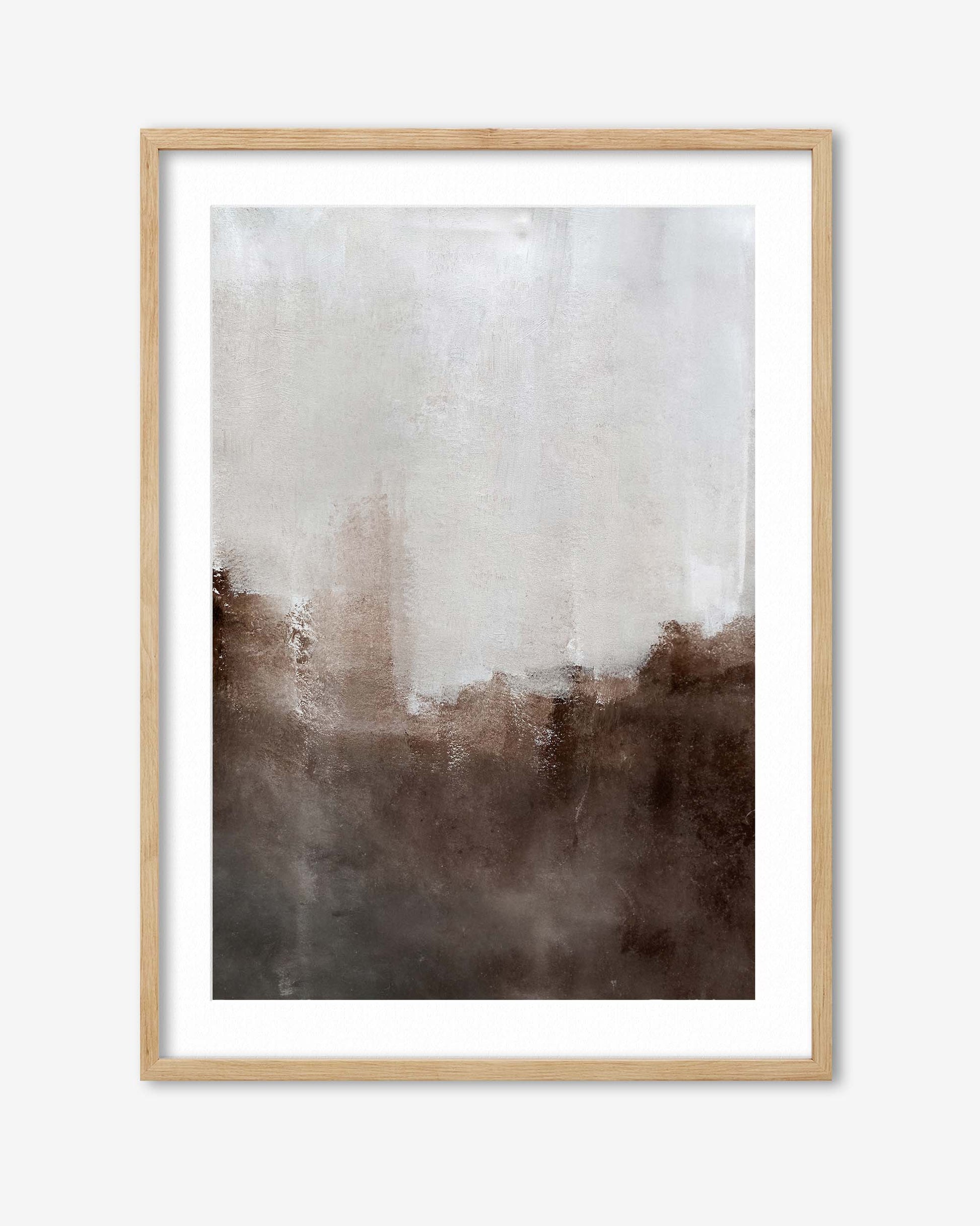 Framed abstract art print with a gradient of brown and white on a white background