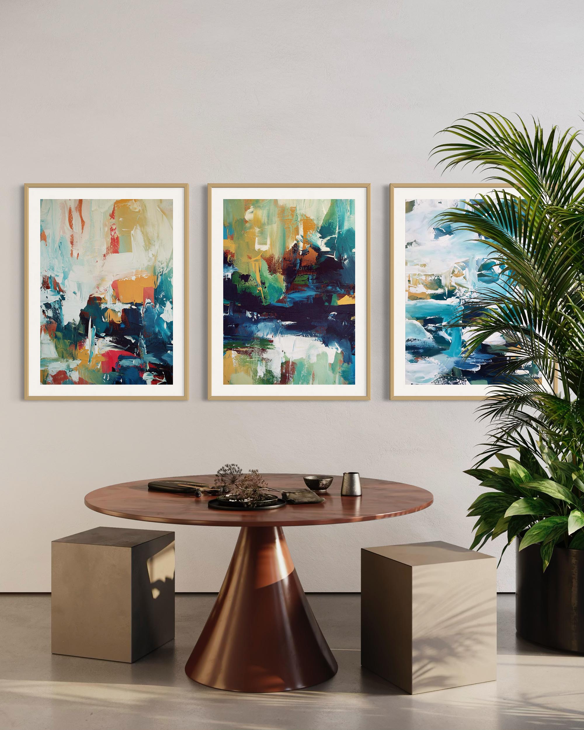 Modern interior with abstract art on the wall and a round wooden table.