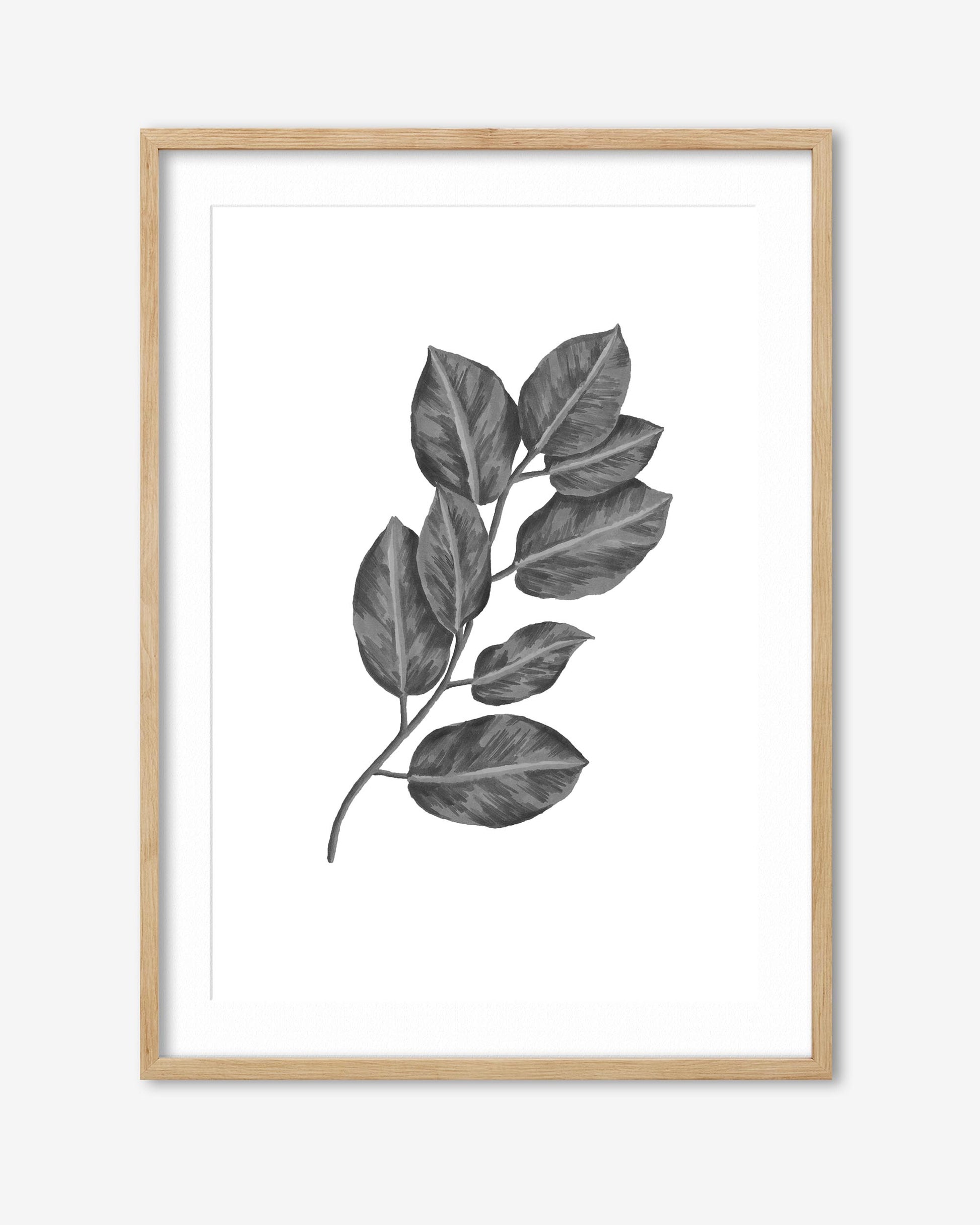 Framed artwork of a black and white leaf design on a white background