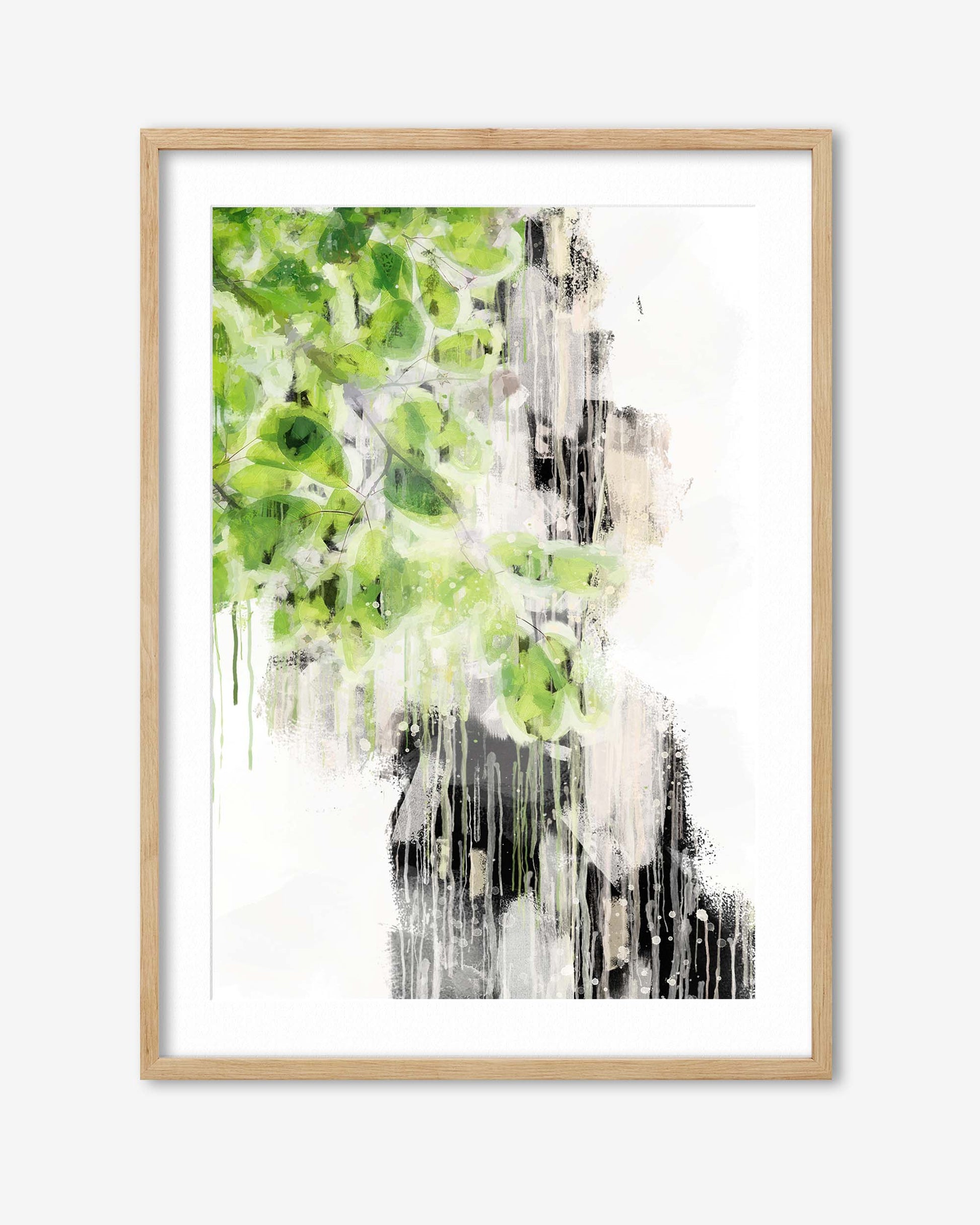 Abstract art print with green and black abstract design in a wooden frame on a white background