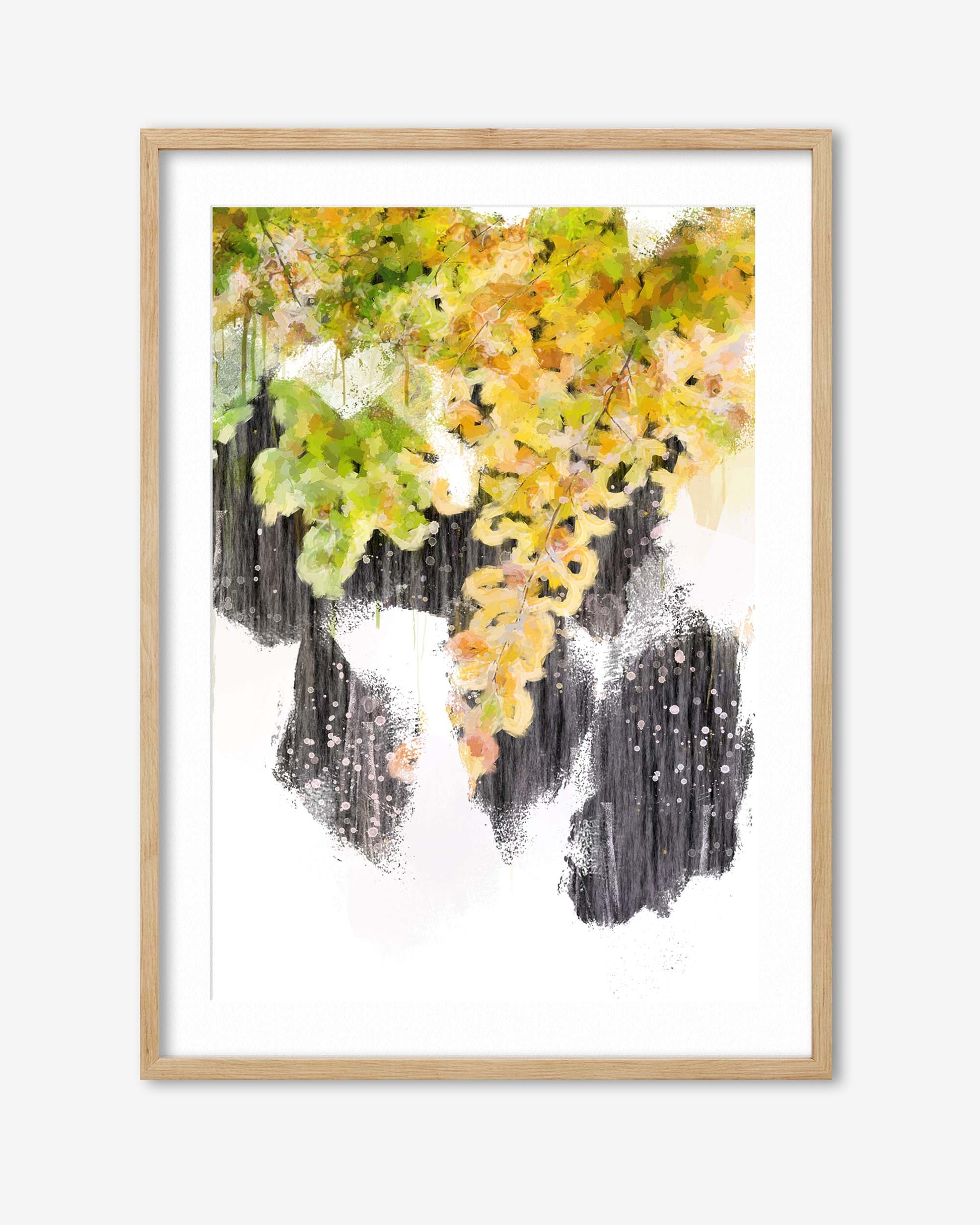 Framed artwork with abstract design of leaves and water on a white background
