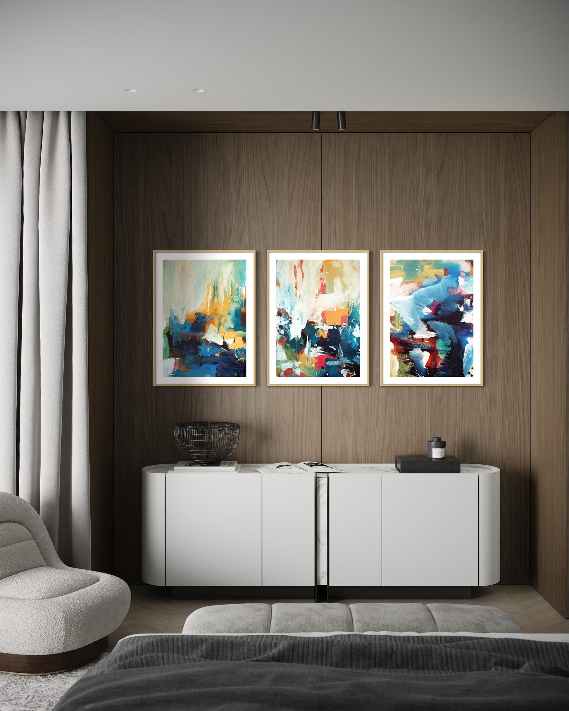 Modern living room with abstract art on a wooden wall