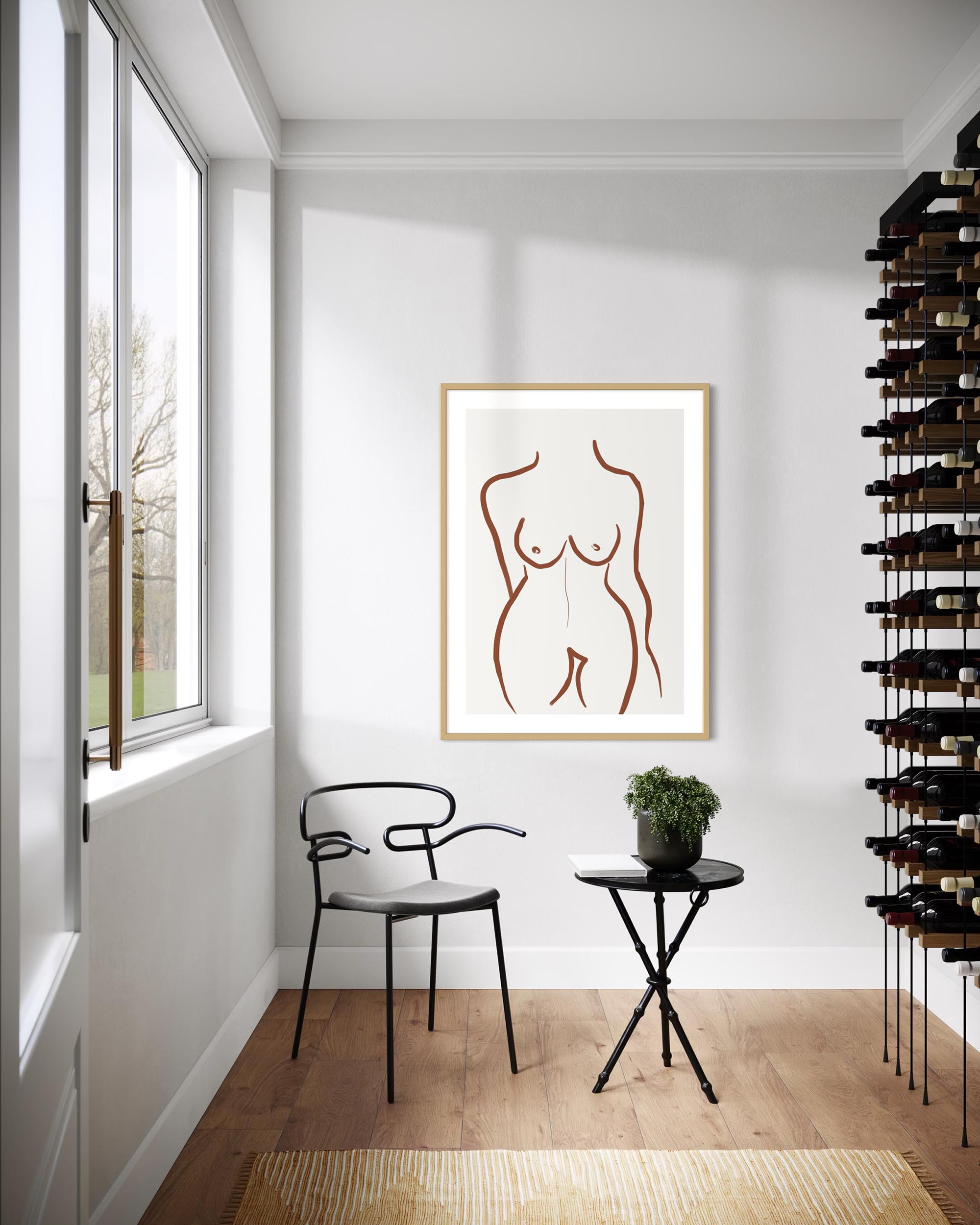 Modern interior with a nude art print on the wall, chair, and wine rack.