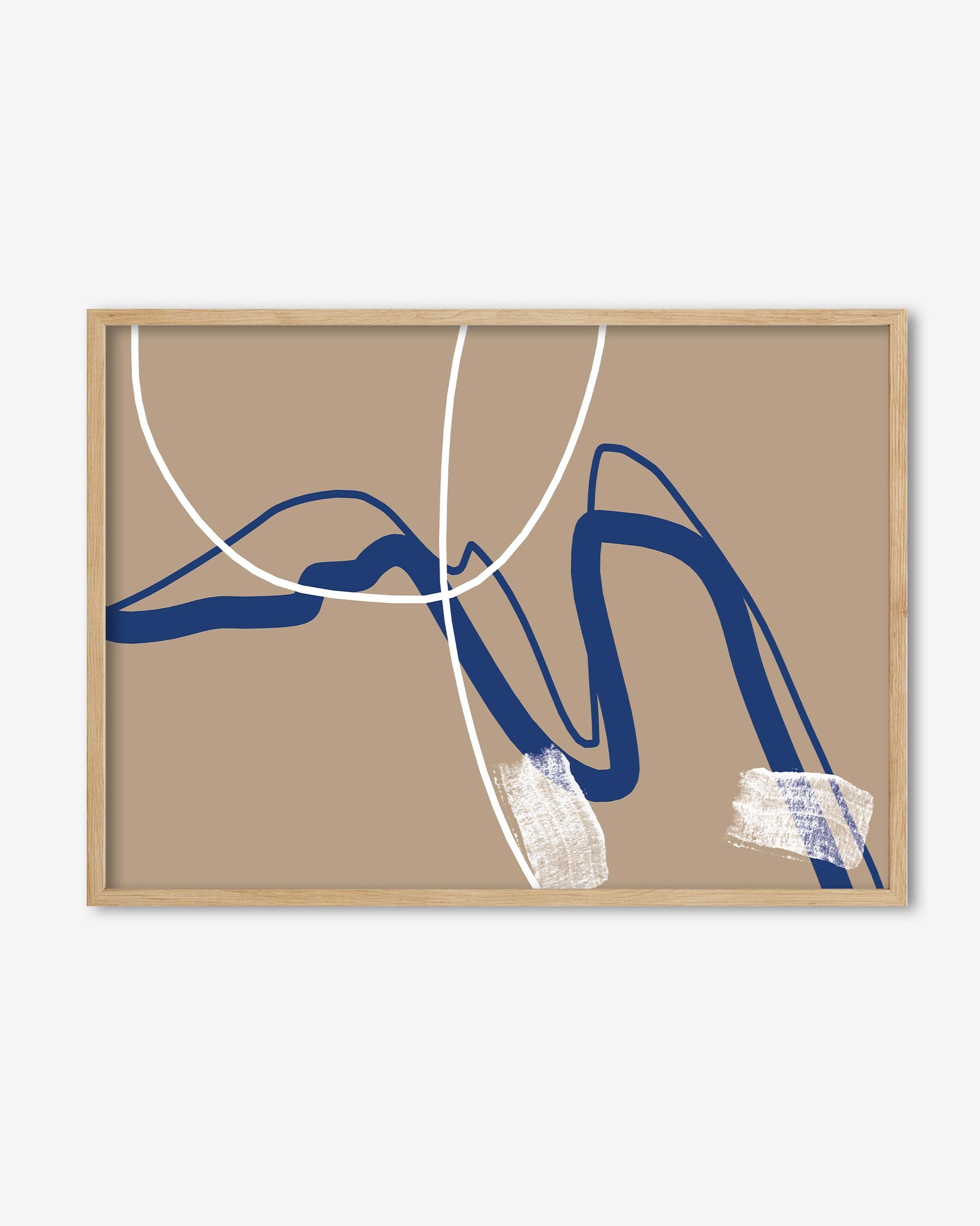 Abstract art print with blue and white lines on a beige background, framed in wood.