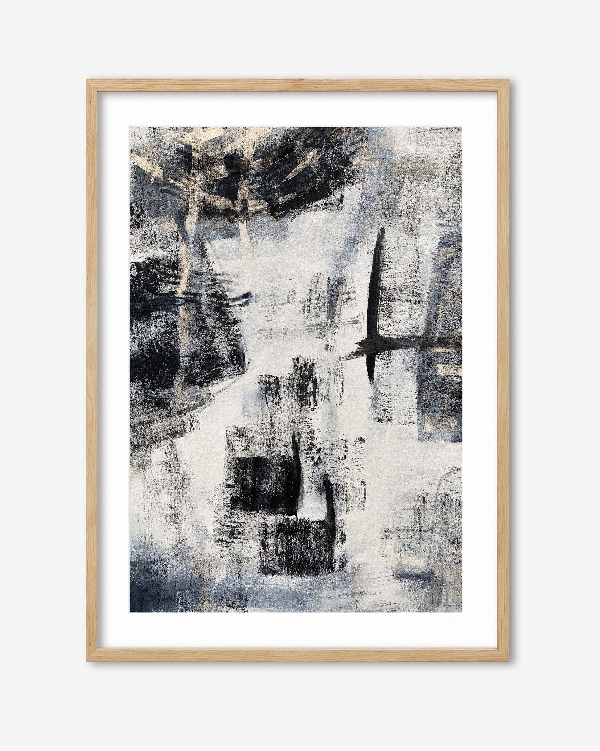 Abstract art print in a wooden frame on a white background