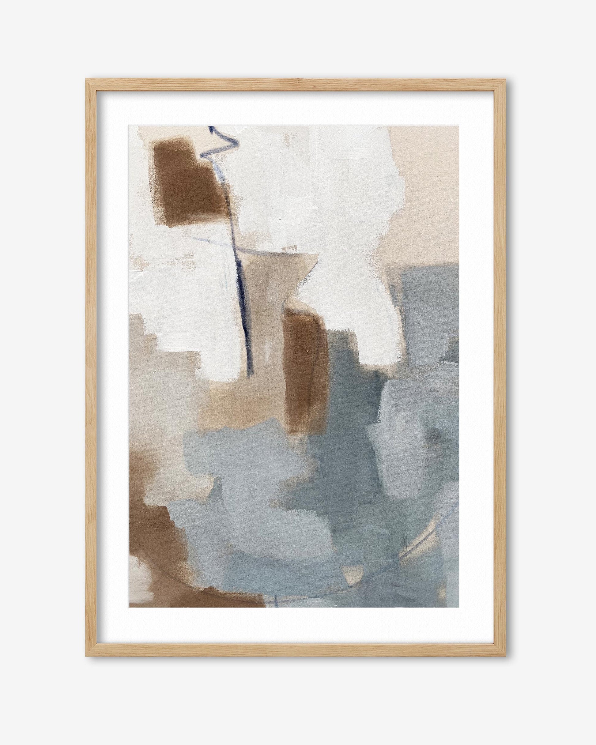 Abstract art print with brown, white, and blue colors in a wooden frame on a white background