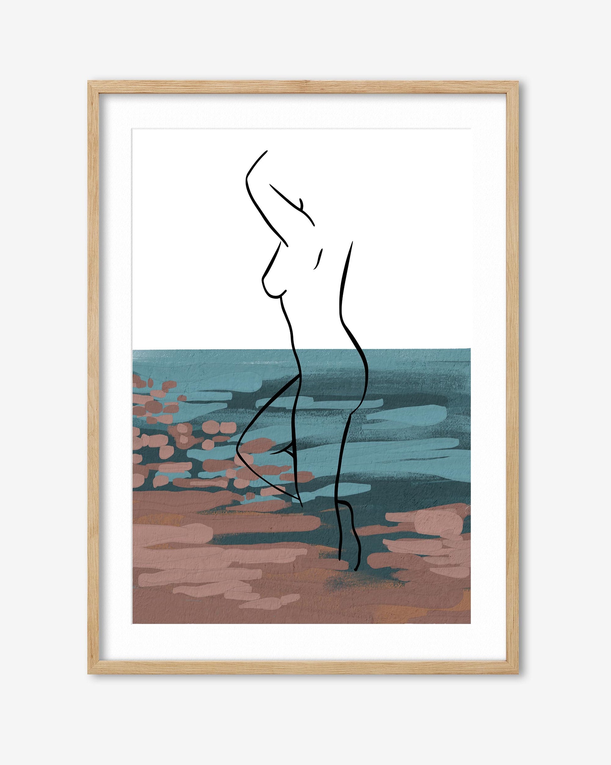 Framed artwork of a abstract line drawing of a woman against a colorful background.