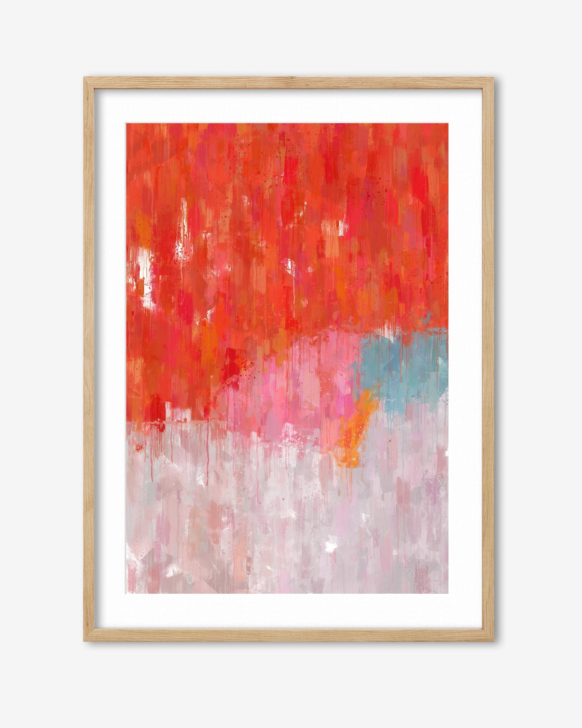 Framed abstract artwork with red, pink, and blue colors on a white background