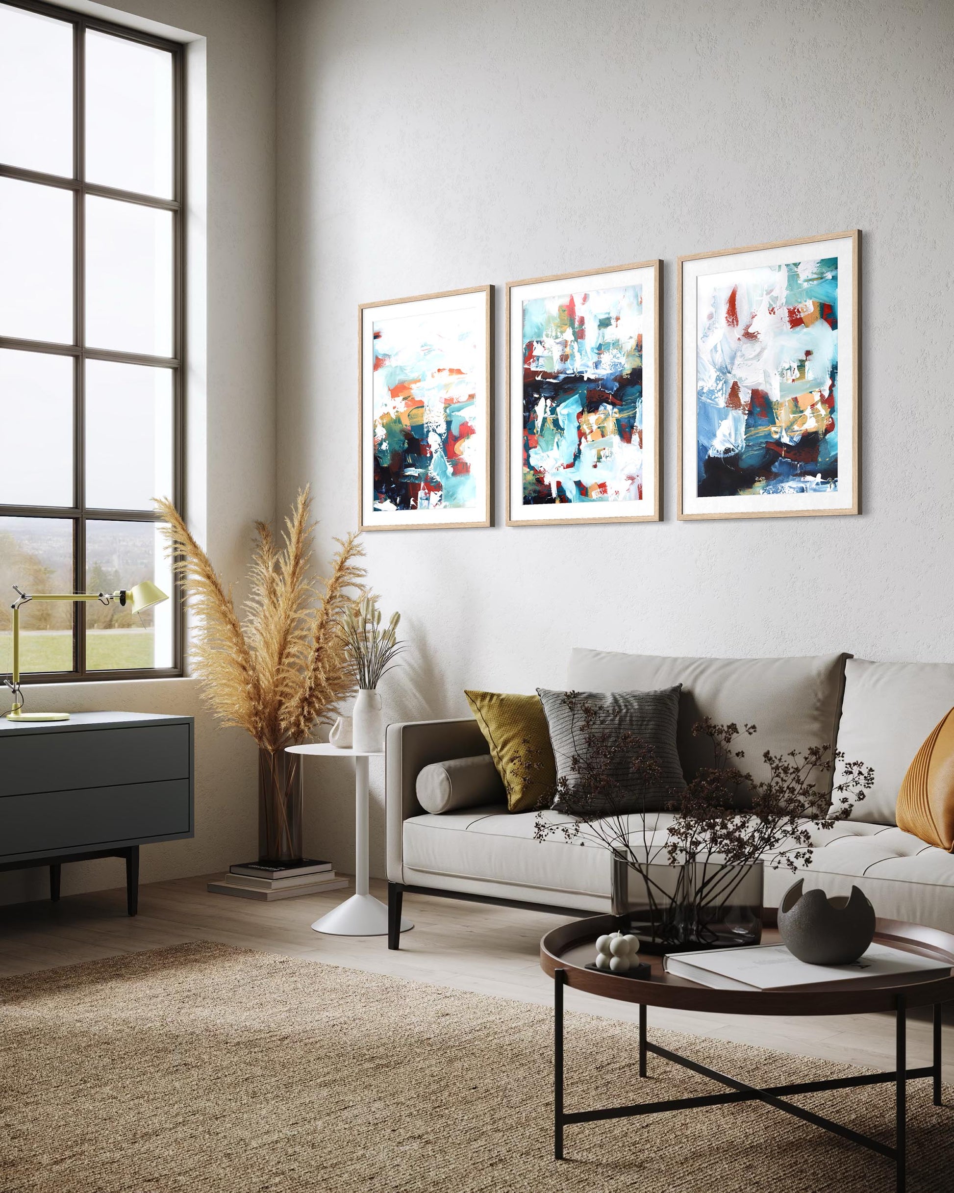 Modern living room with abstract art on the wall and a sofa.