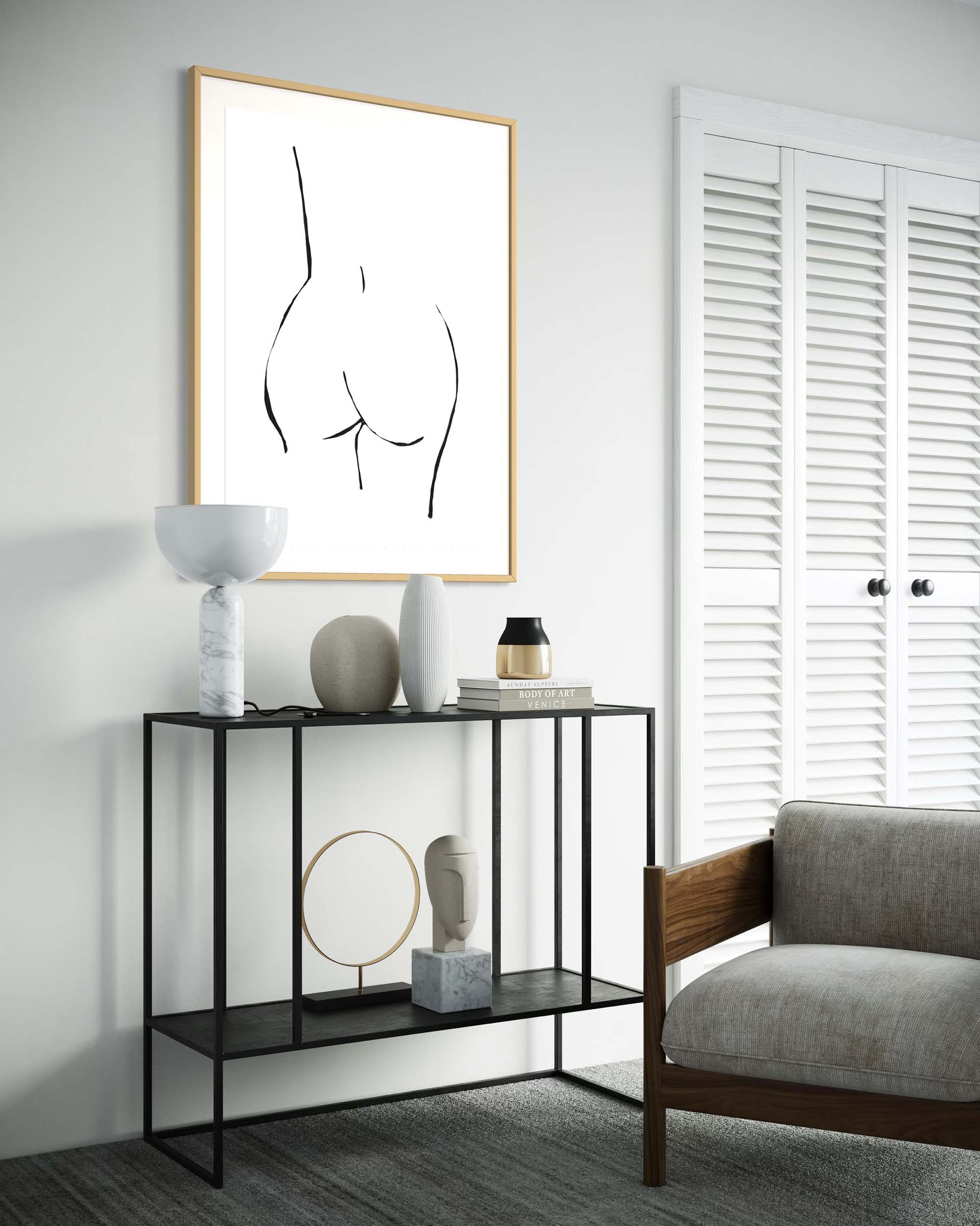 Modern interior with a black console table and abstract art on the wall