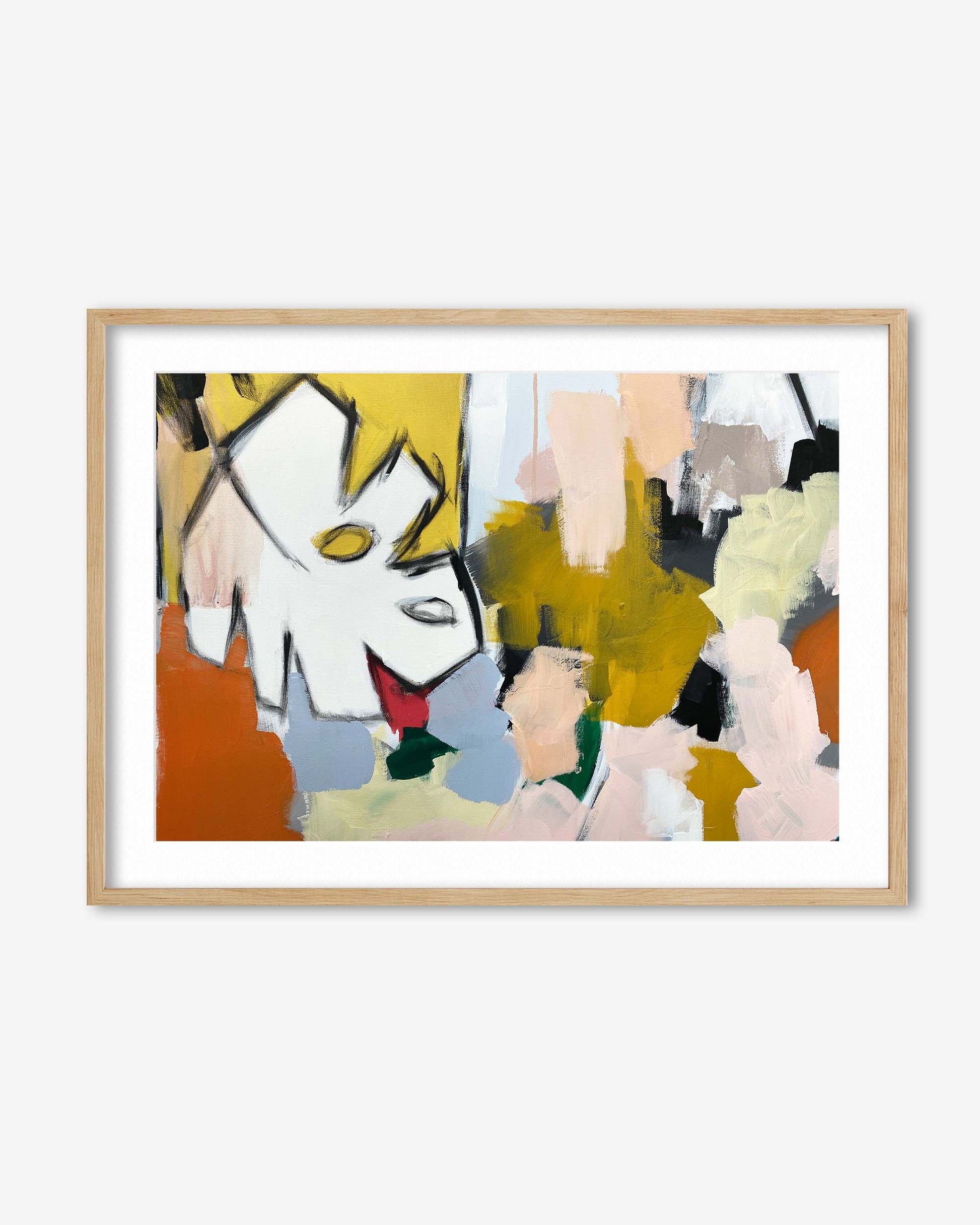 Abstract art print with a wooden frame on a white background