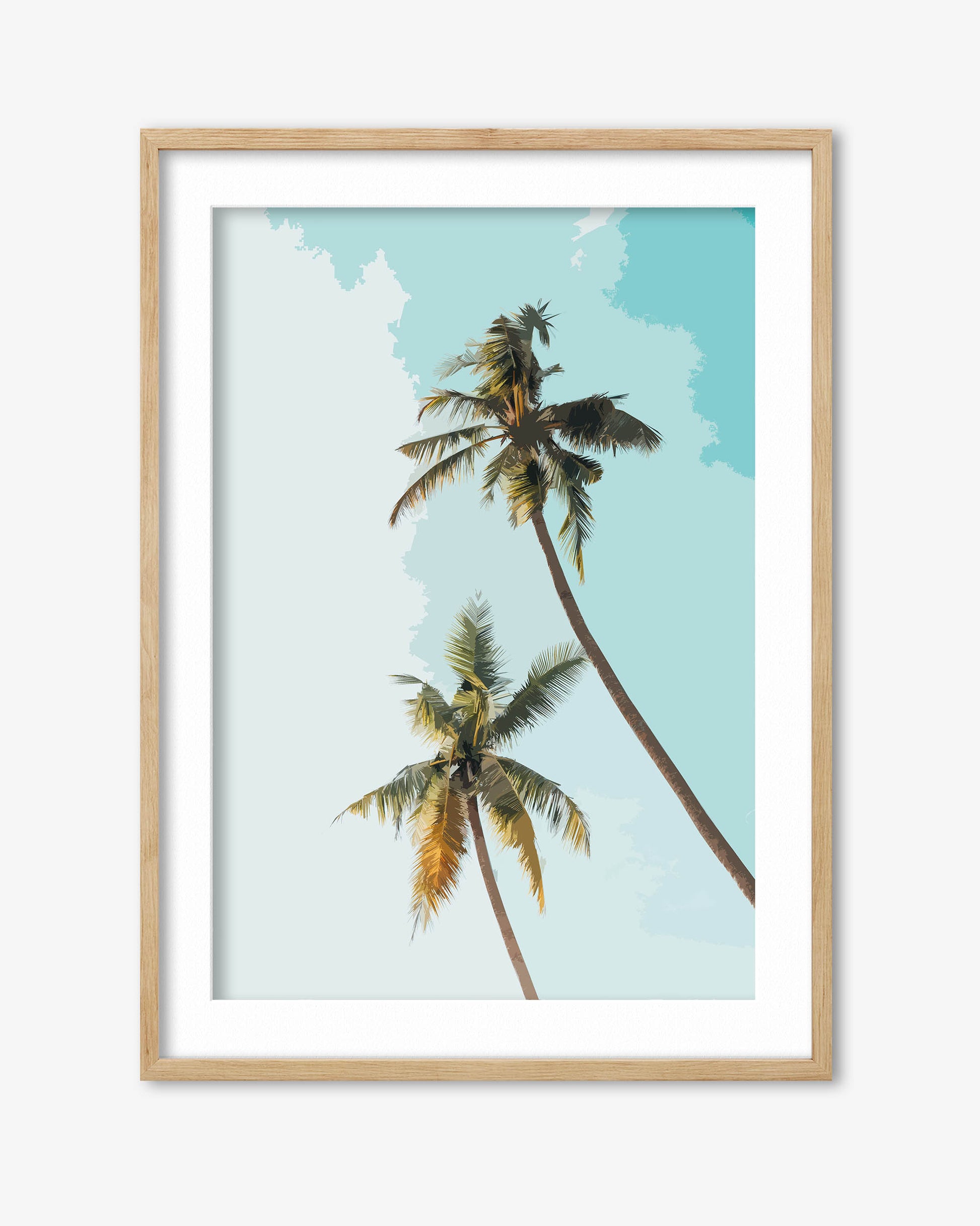 Framed artwork of palm trees against a blue sky
