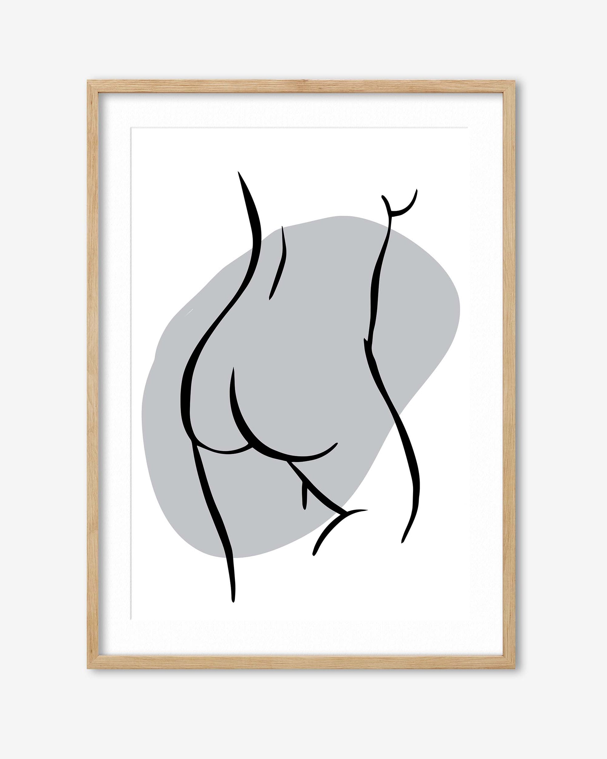 Framed abstract art print with black line drawing on a gray background