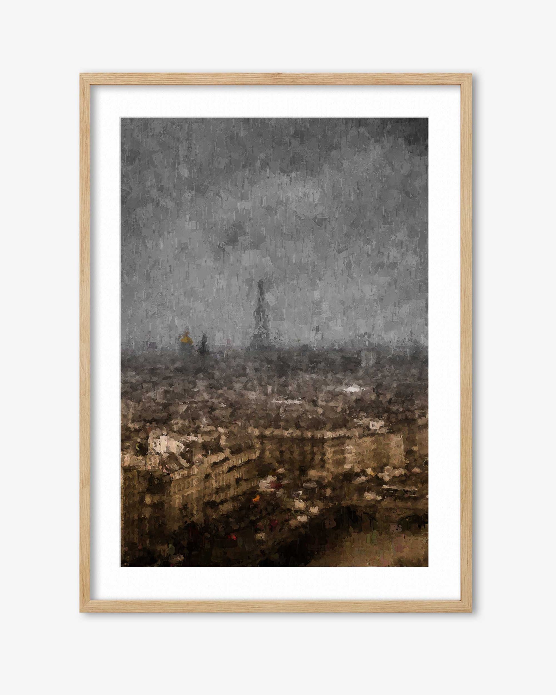 Framed artwork of a cityscape with a prominent tower, possibly the Eiffel Tower, on a gray night sky.