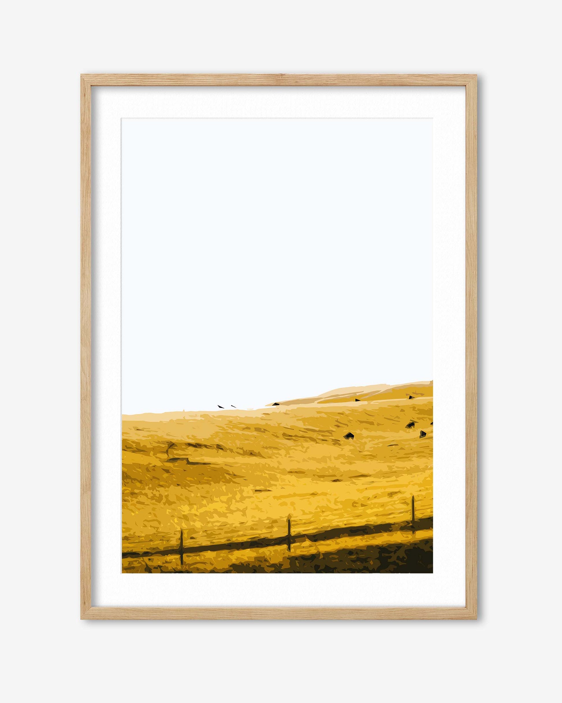 Framed artwork with a yellow abstract design on a white background