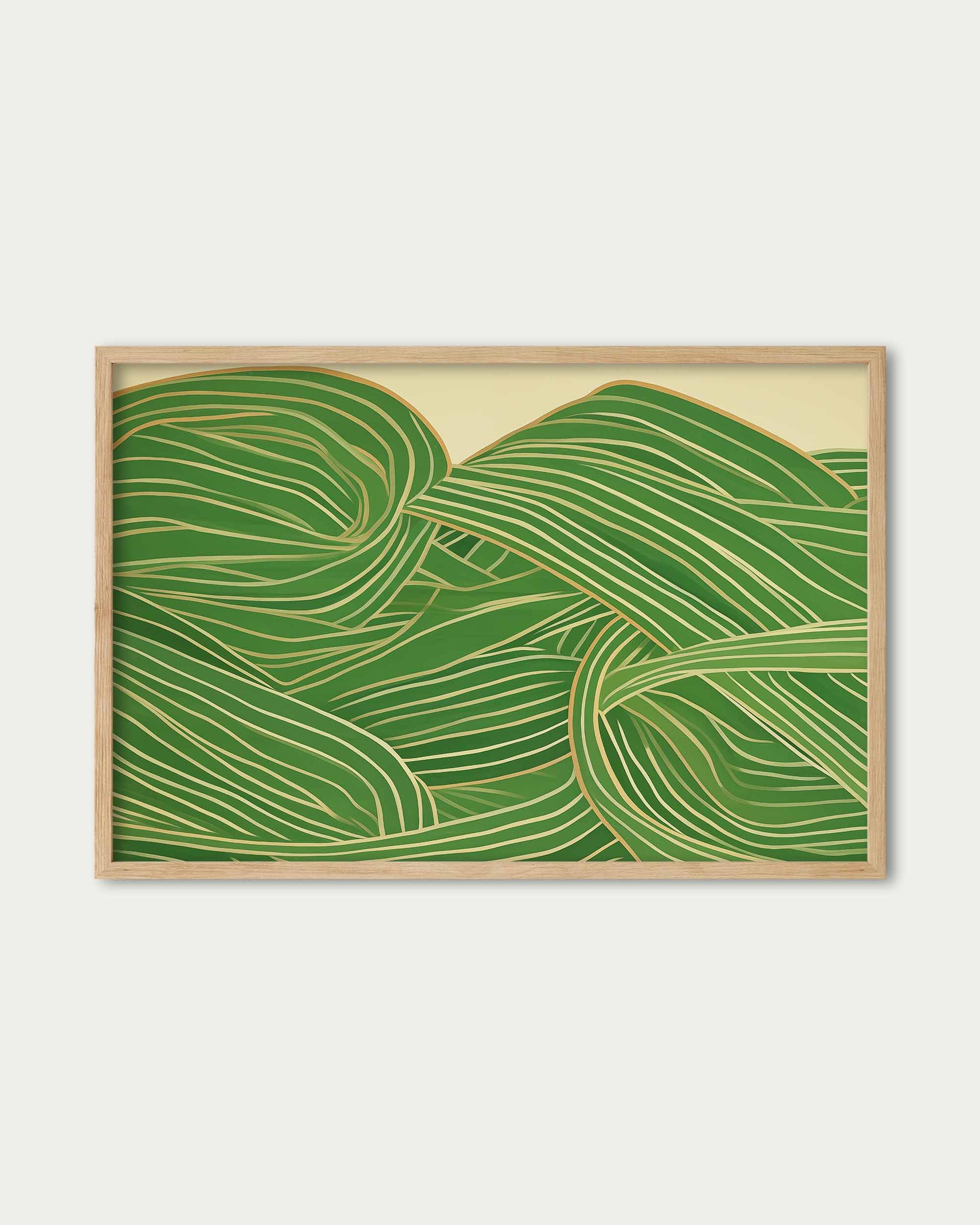 Framed artwork with green abstract design on a beige background