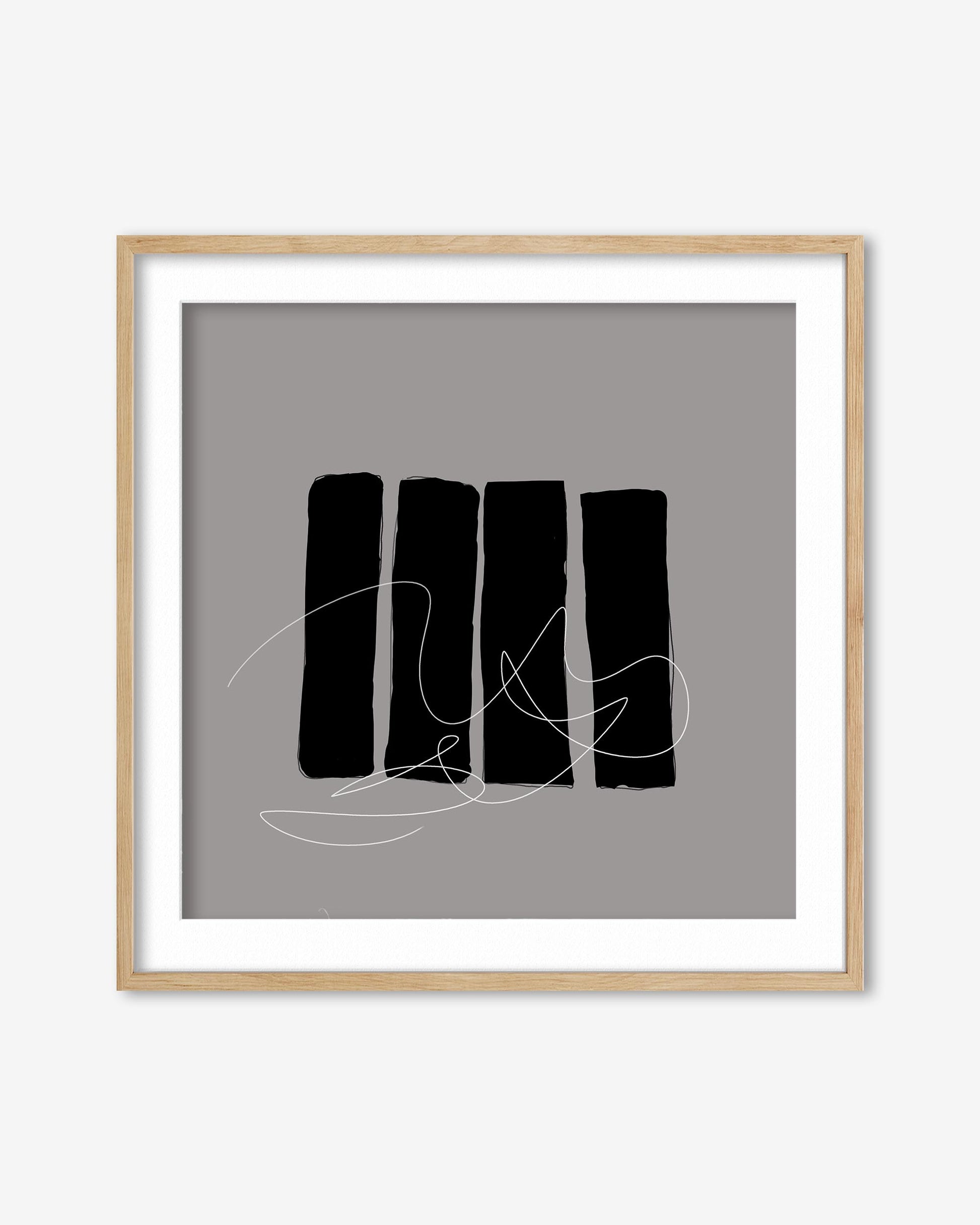 Framed abstract art print with black shapes on a gray background