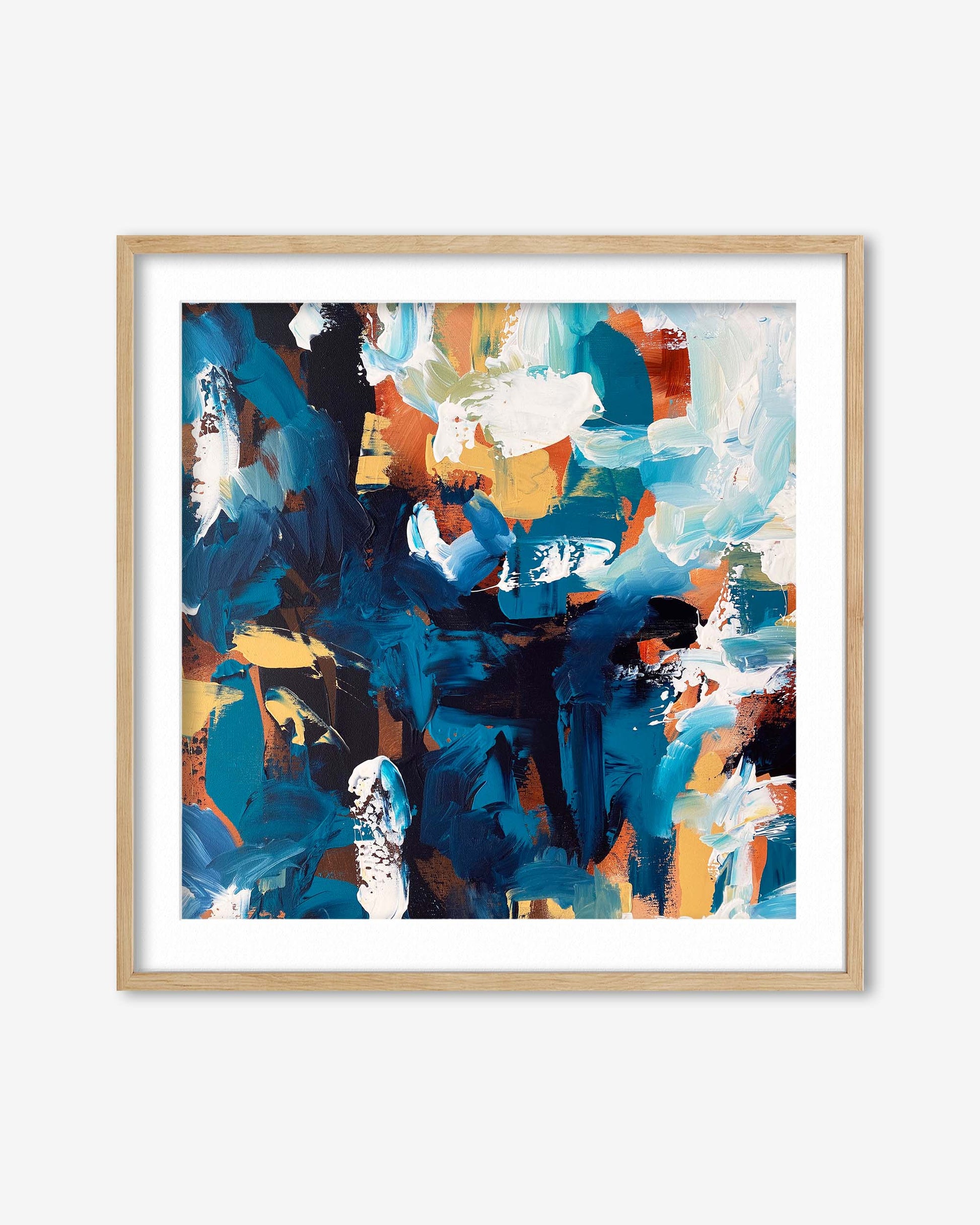 Framed abstract art with blue, orange, and white brush strokes on a white background