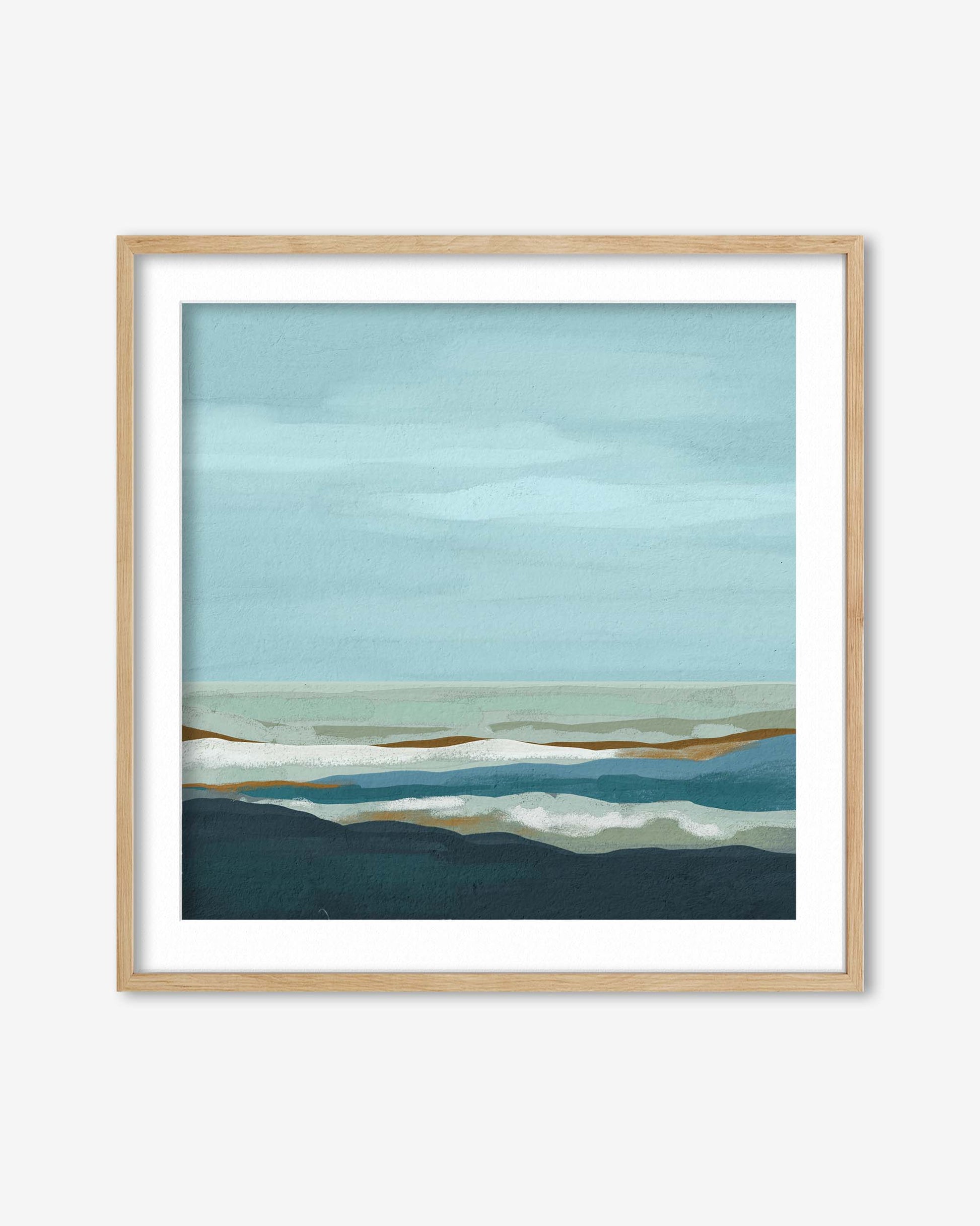 Framed abstract artwork with a blue and green color scheme on a white background