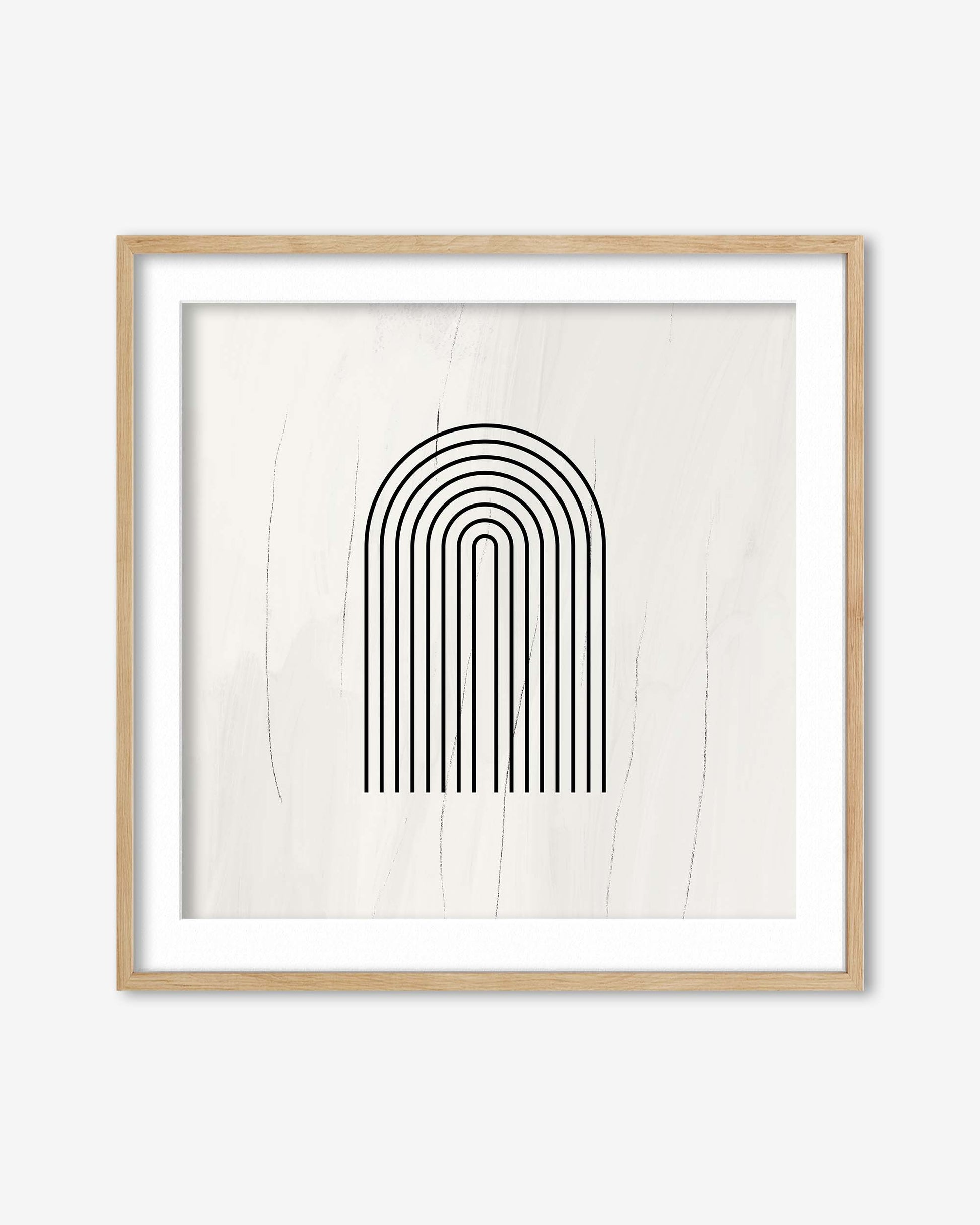 Framed artwork with a black arch design on a white background