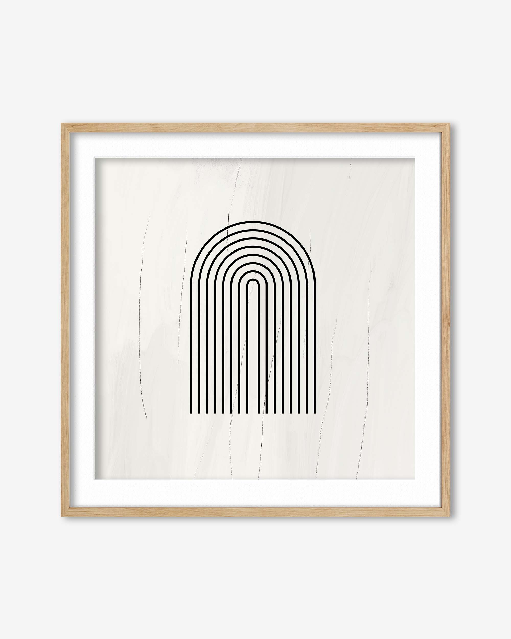 Framed artwork with a black arch design on a white background