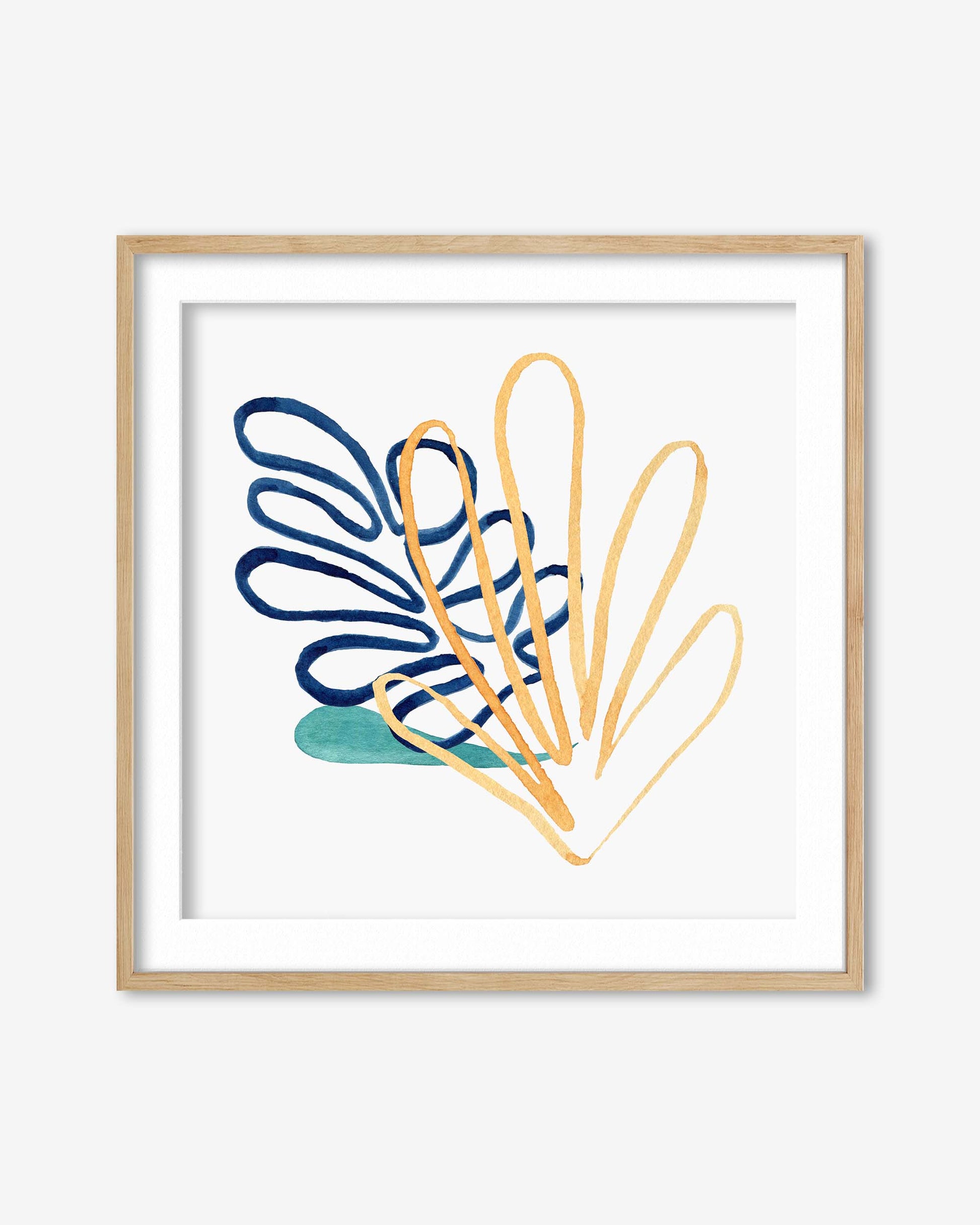 Framed abstract art print with blue and yellow shapes on a white background