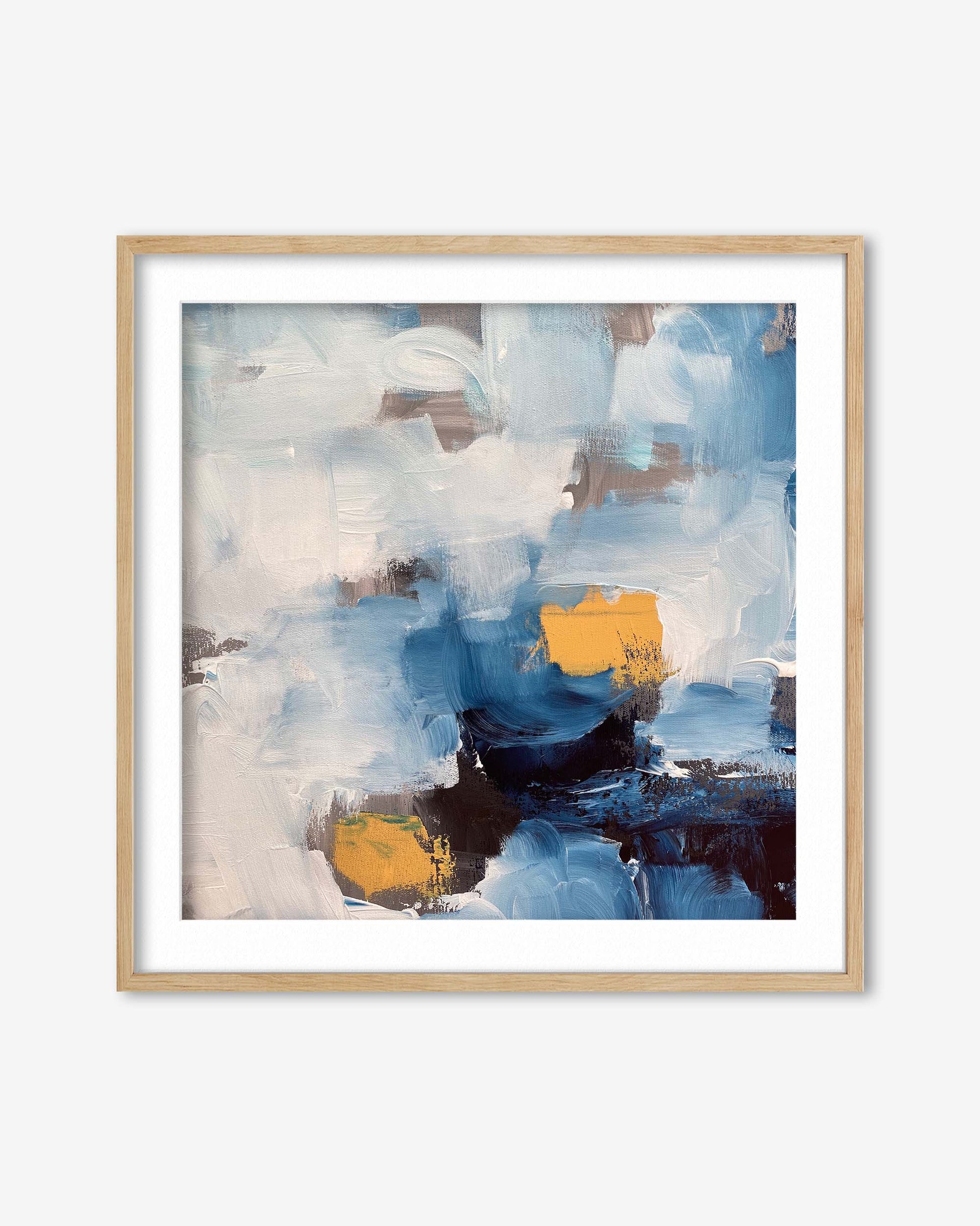 Framed abstract art print with blue, white, and yellow colors on a white background