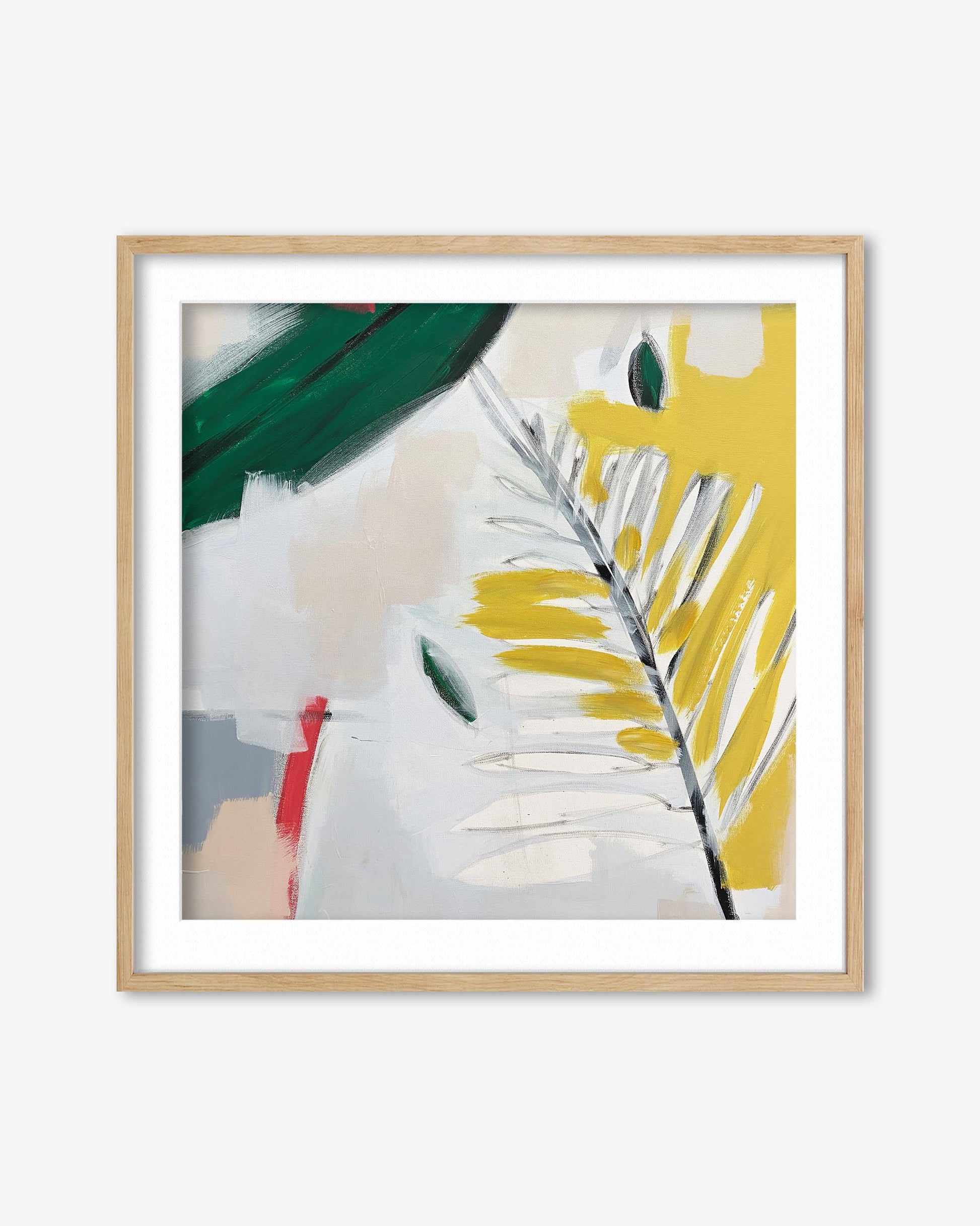 Framed abstract art print with green, yellow, and white elements on a white background
