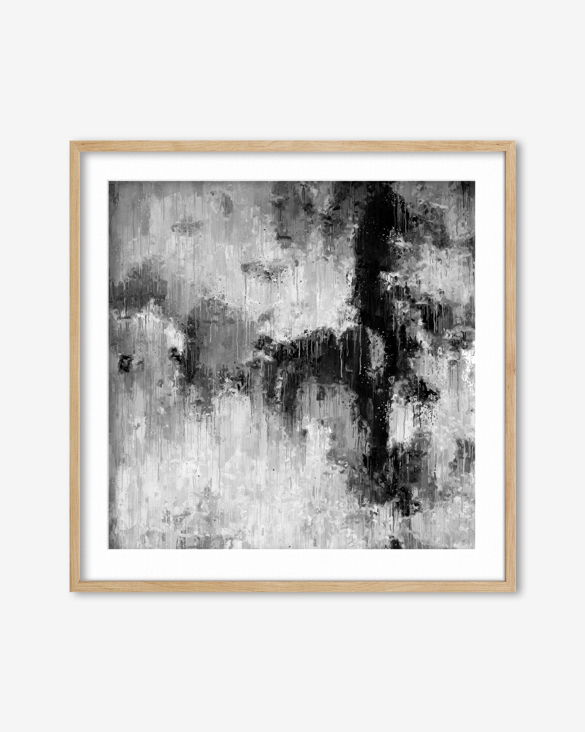 Framed abstract art print with black and white colors on a white background