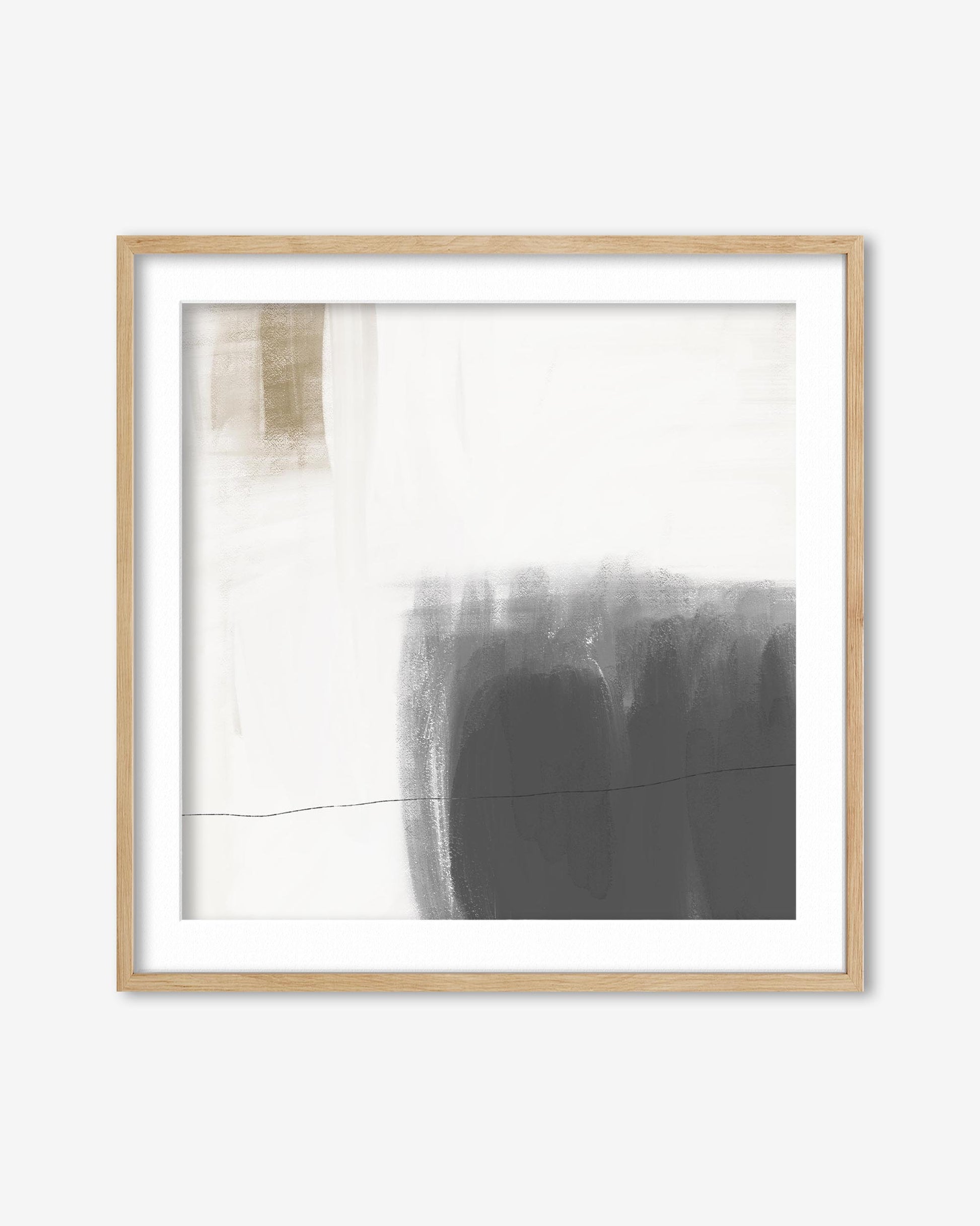 Framed black and white abstract art piece on a white background