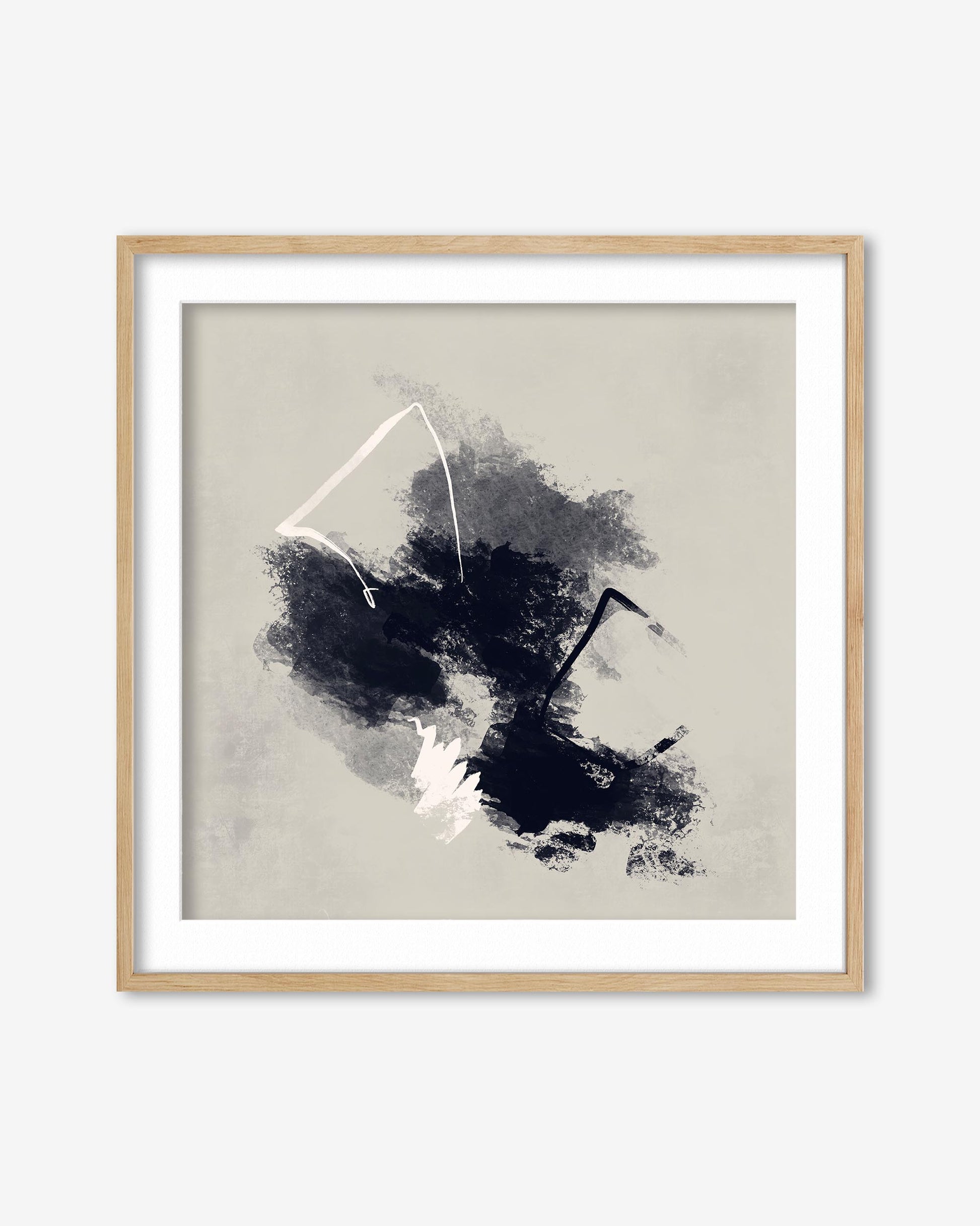 Framed abstract art print with black and white design on a beige background
