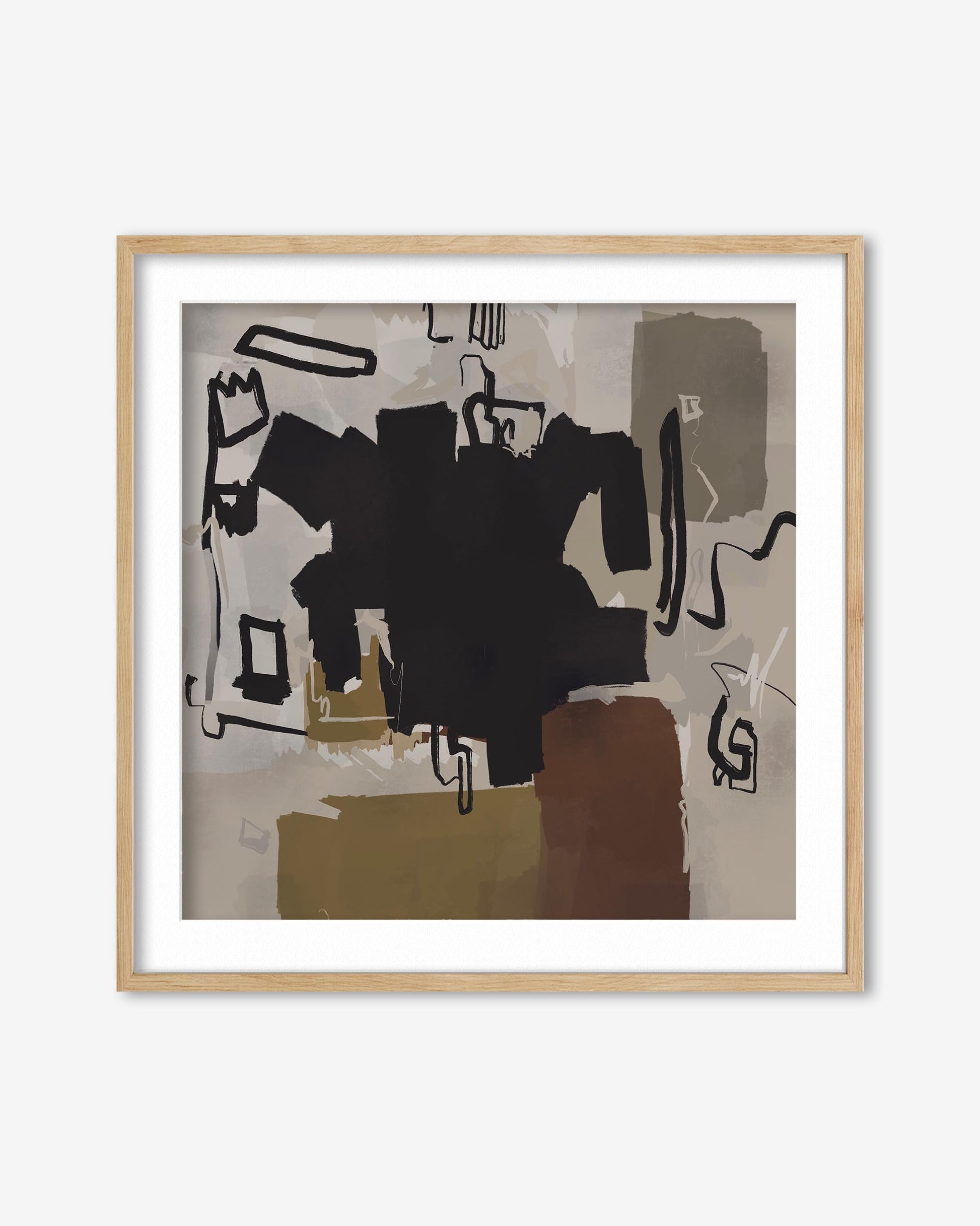 Abstract art piece with black and brown shapes in a wooden frame on a white background